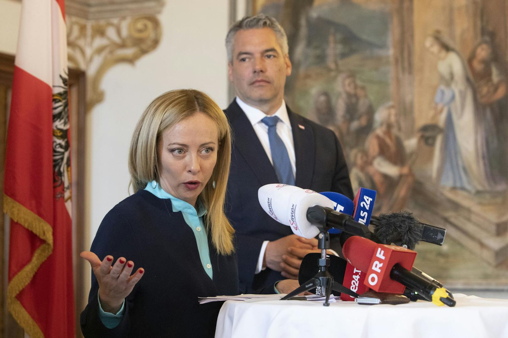 Bundeskanzler <strong>Karl Nehammer</strong> (ÖVP) und die italienische Ministerpräsidentin <strong>Giorgia Meloni</strong> am Samstag, 24. Juni 2023.