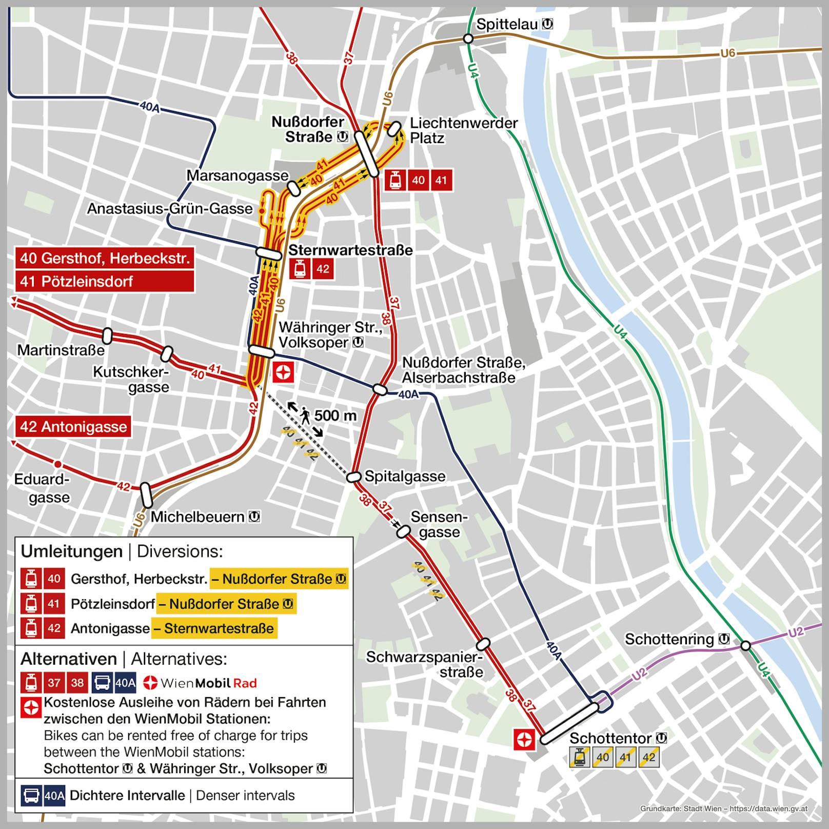 Im Bereich Währinger Straße werden die Gleise getauscht.