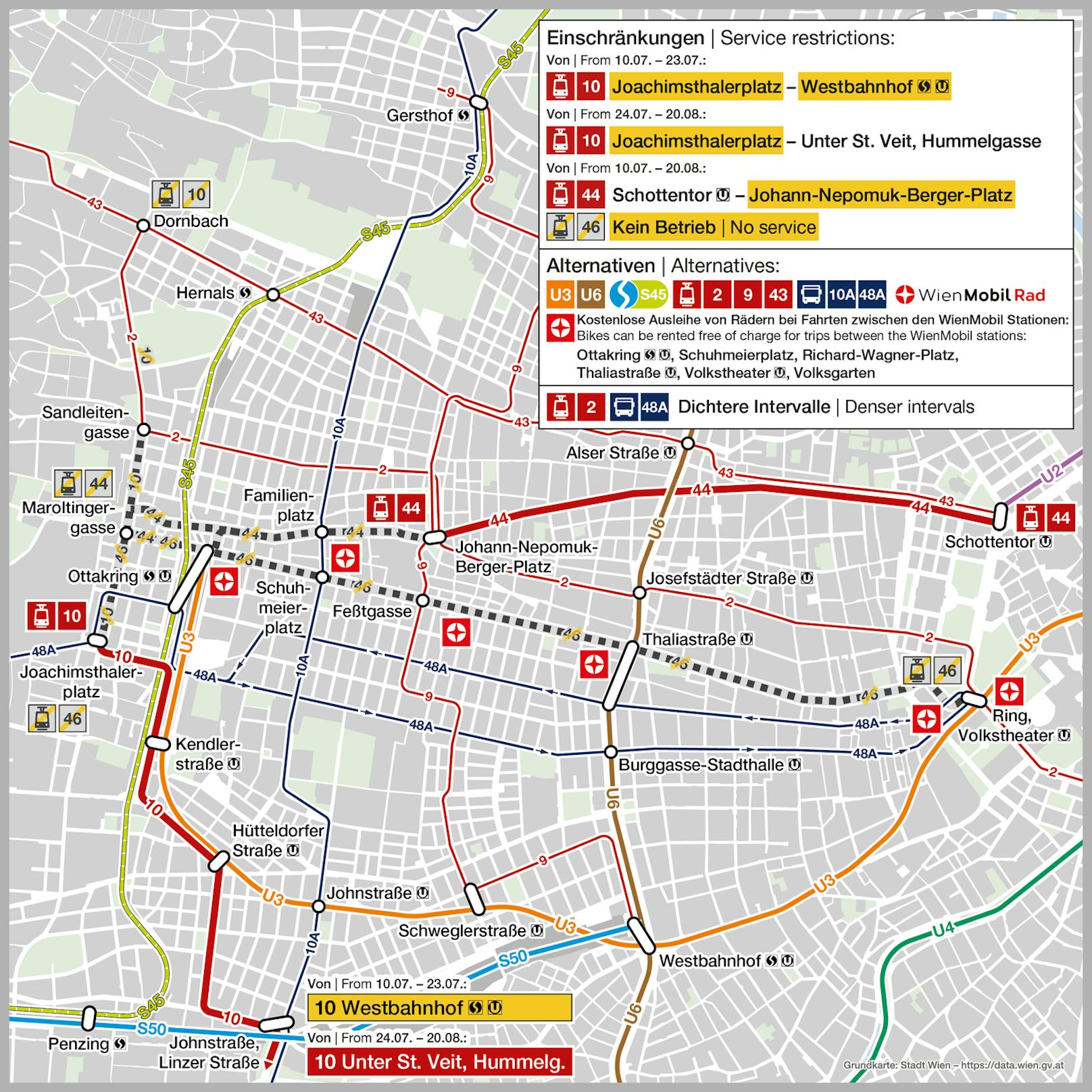 Die Linie 10 wird von 10. bis 23. Juli kurz geführt, die Linie 44 fährt von 10. Juli bis 20. August nur zwischen Schottentor und Johann-Nepomuk-Berger-Platz. Die Linie 46 ist im selben Zeitraum eingestellt.&nbsp;