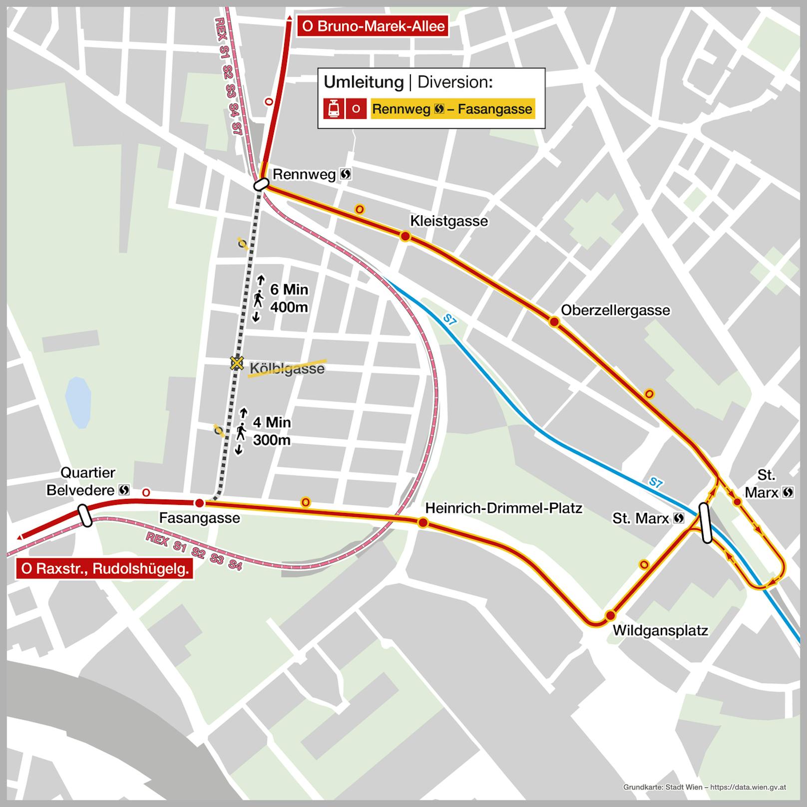 Die Linie O wird von 17. Juli bis inklusive 6. August in der Fasangasse über die Linien 71 und 18 umgeleitet.