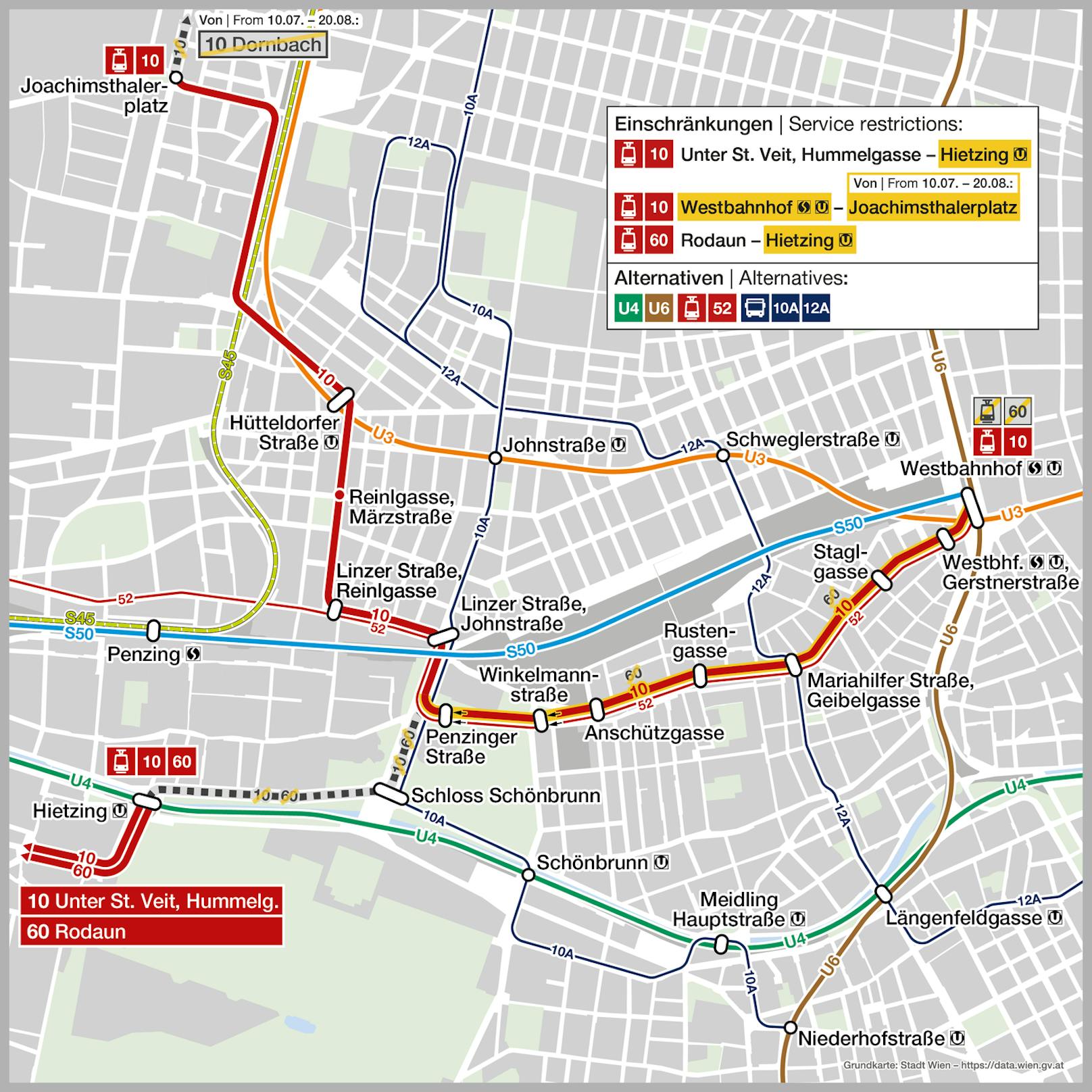 Die Linie 60 ist vom 10. bis 23. Juli nur zwischen Rodaun und Hietzing unterwegs.