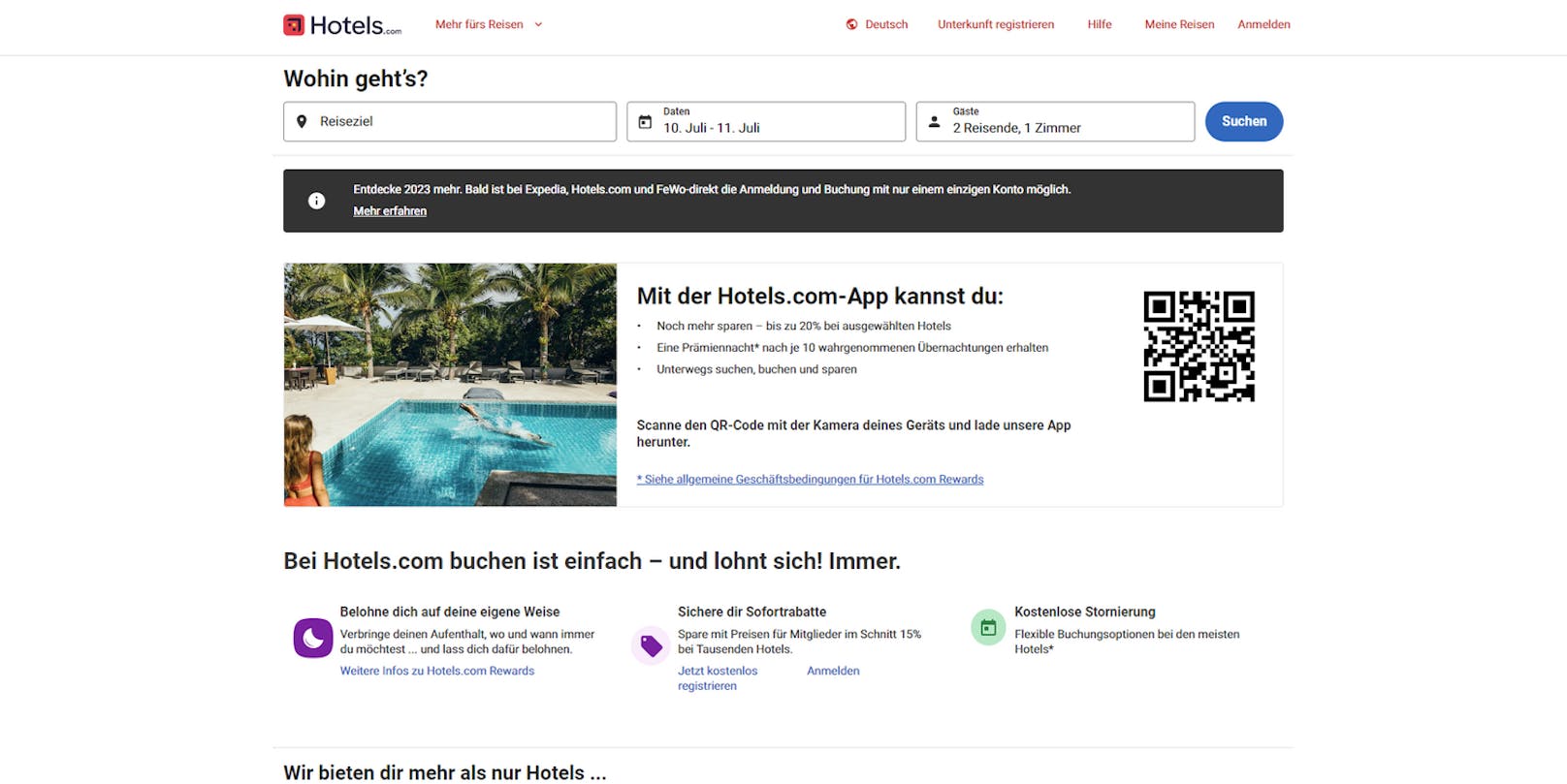 Platz 3: Den dritten Rang nimmt <strong>Hotels.com</strong> ein (Qualitätsurteil: "befriedigend"). Informationswert und Bedienungsfreundlichkeit des Portals überzeugen ebenso wie der Buchungsprozess, der sicher sowie transparent gestaltet ist und vielfältige Zahlungsoptionen bietet. Neben Check24 ist Hotels.com der einzige Anbieter mit einer insgesamt guten Servicequalität. In puncto Konditionen rangiert das Hotelportal im Mittelfeld.