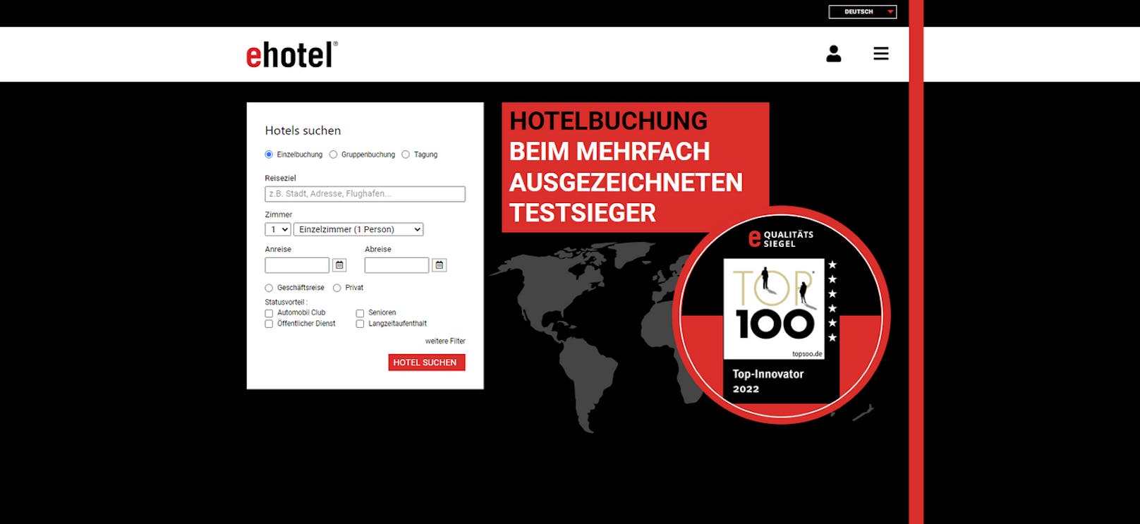 Platz 2: Rang zwei belegt <strong>Ehotel</strong> (Qualitätsurteil "gut"). Das Hotelportal punktet durch die besten Konditionen: 80 Prozent der abgefragten Reisen sind hier alleinig oder mit am günstigsten – im Einzelfall liegt das Sparpotenzial gegenüber dem teuersten Anbieter bei rund 24 Prozent der Übernachtungskosten. Auch die Verfügbarkeit ist in allen Testszenarien gegeben. Ehotel bietet zudem den besten Online-Service: Die Website verfügt etwa über einen hohen Informationswert und einen transparenten, sicheren Buchungsprozess.