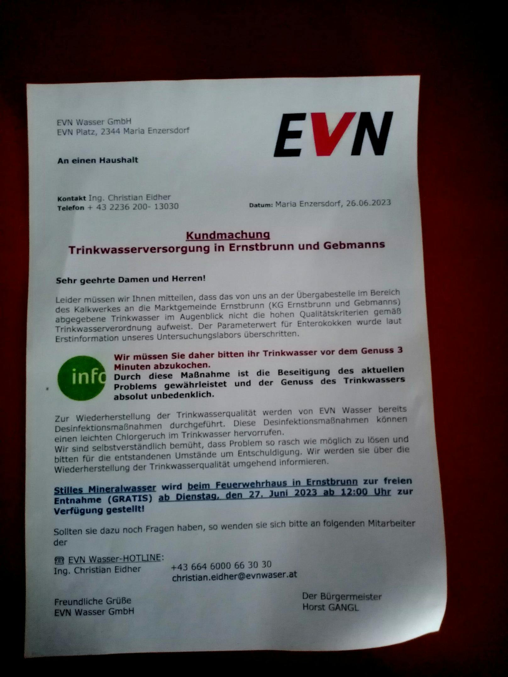 In Ernstbrunn flatterte eine Warnung der EVN ins Haus.