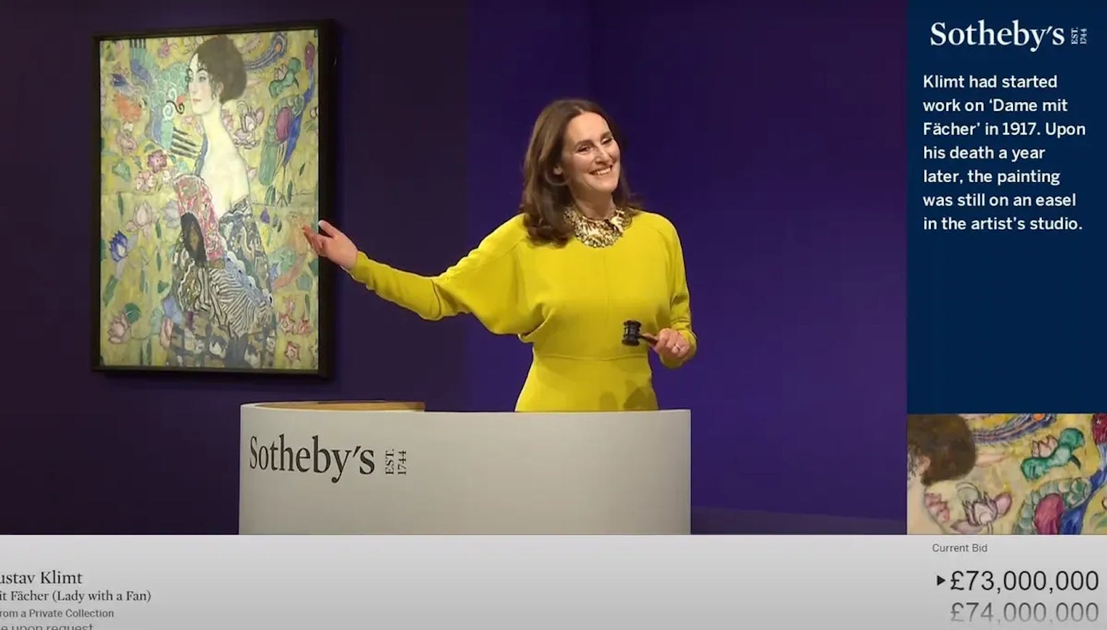 Das Gemälde "Dame mit Fächer" von Gustav Klimt ist neu das teuerste Kunstwerk, das jemals in Europa versteigert wurde.