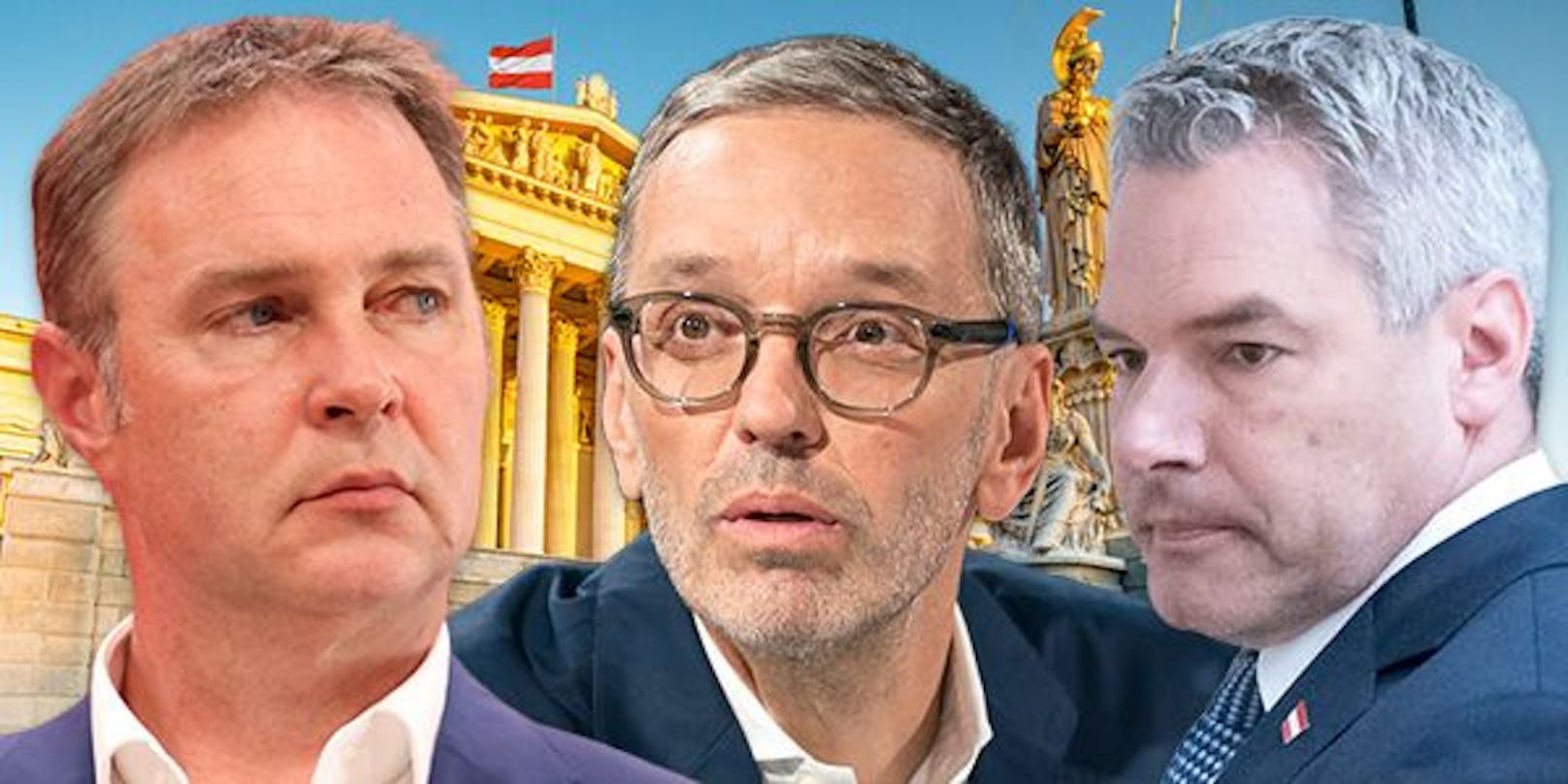 SPÖ-Chef Andreas Babler, FPÖ-Chef Herbert Kickl und ÖVP-Chef Karl Nehammer im Kampf ums Wahl-Stockerl.