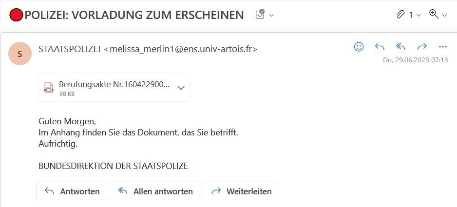 Dieses Mail kommt nicht, wie suggeriert wird, von der Polizei.