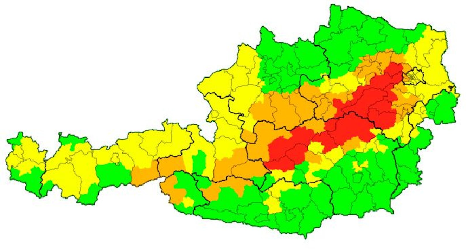 Die aktuelle Warnkarte: Entlang der Alpen in der Steiermark bis nach Wien gilt Warnstufe Rot!