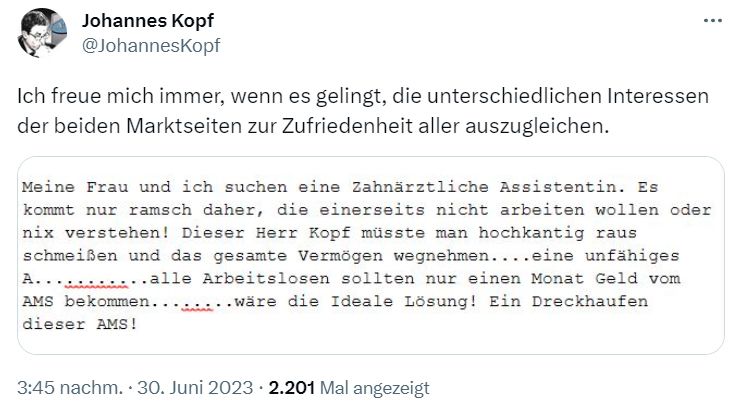 AMS-Chef Johannes Kopf machte den Wutbrief auf Twitter öffentlich.