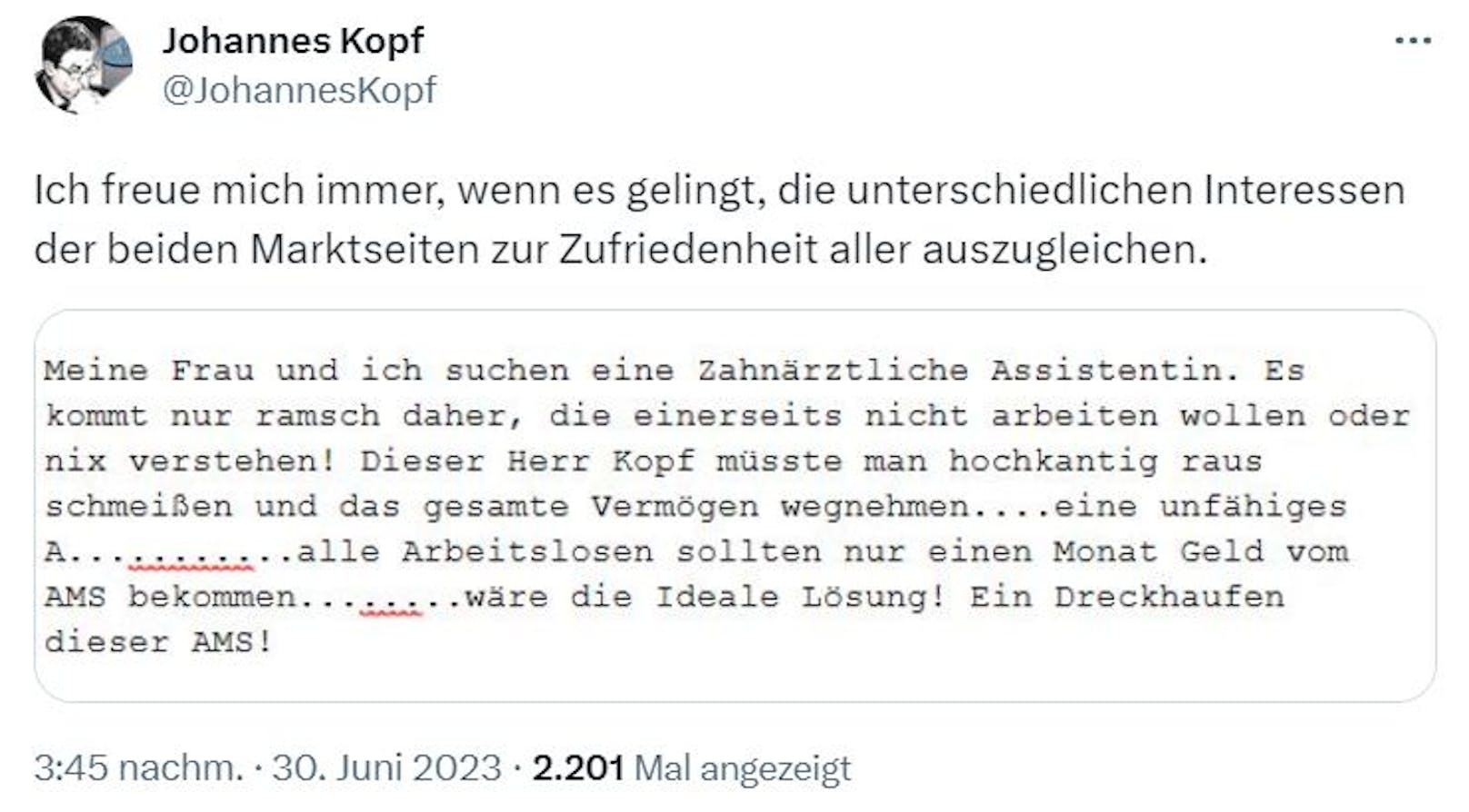 AMS-Chef Johannes Kopf machte den Wutbrief auf Twitter öffentlich.