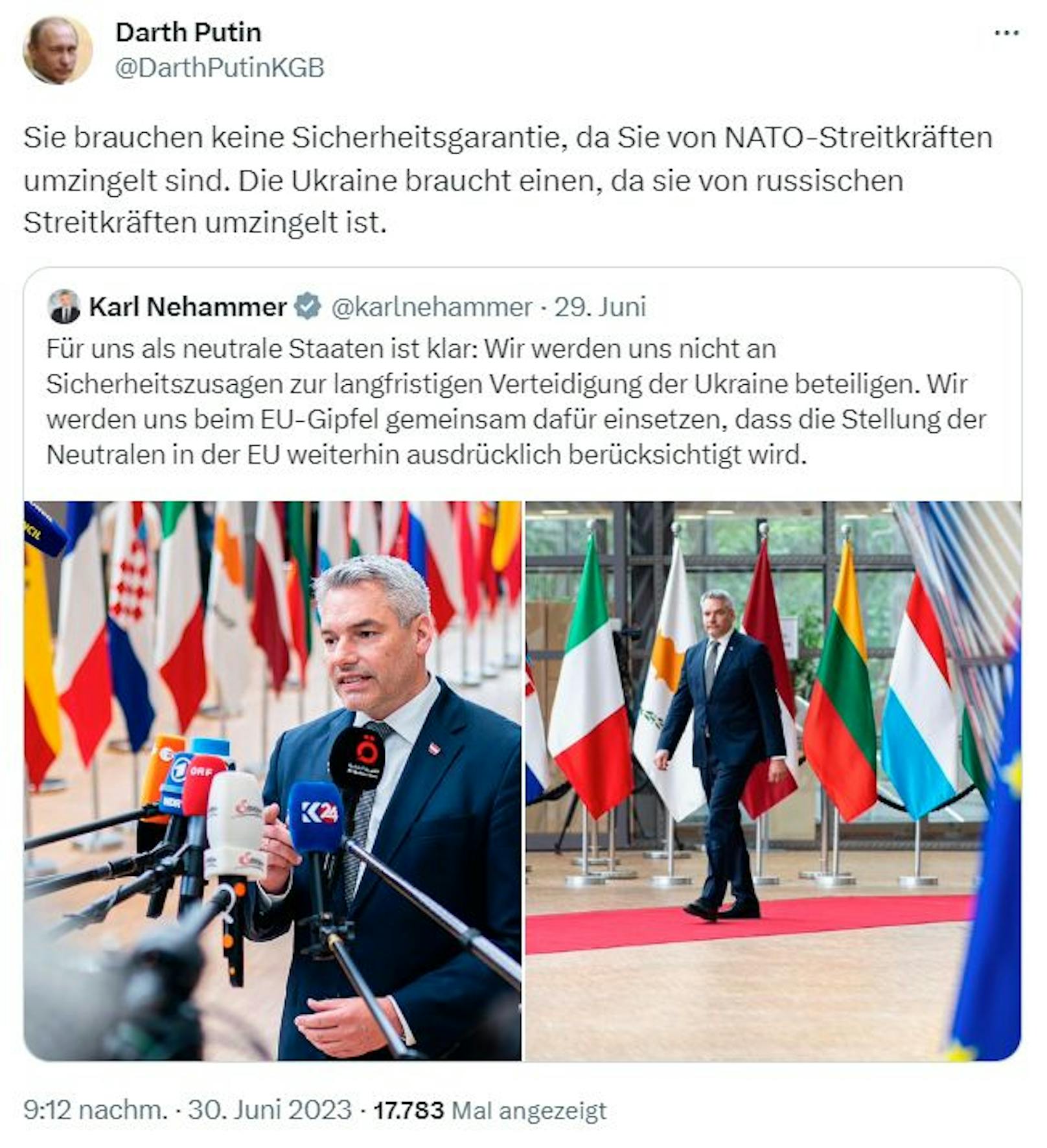 Der Troll-Account "Darth Putin" nimmt nun sogar Kanzler Nehammer aufs Korn – das sogar auf Deutsch.