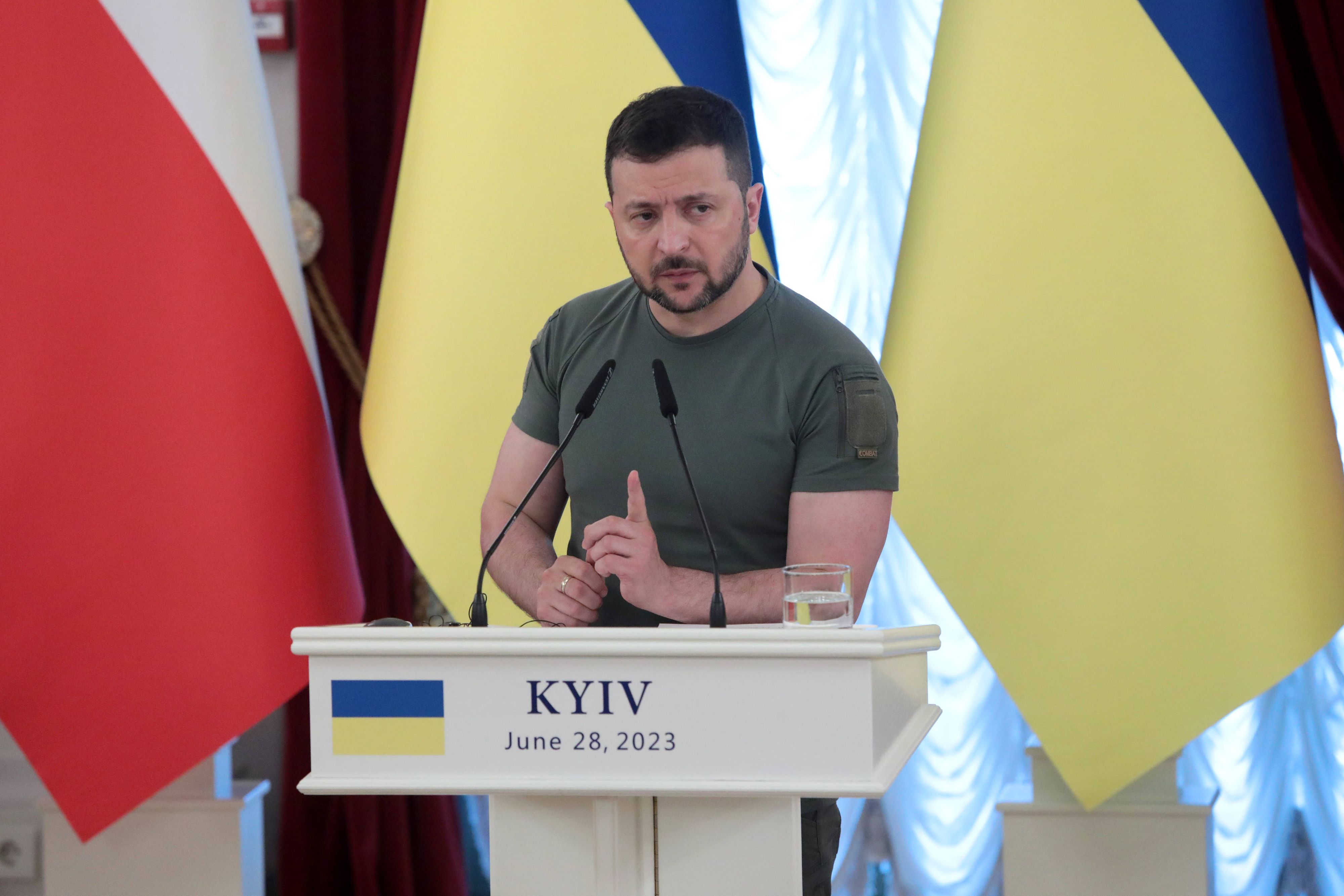 KYIV, UKRAINE - JUNE 28, 2023 - President of of Ukraine Volodymyr Zelenskyy speaks during a joint press conference with President of Poland Andrzej Duda and President of Lithuania Gitanas Nauseda, Kyiv, capital of Ukraine Joint press conference of Volodymyr Zelenskyy, Gitanas Nauseda and Andrzej Duda in Kyiv PUBLICATIONxNOTxINxRUS Copyright: xRuslanxKaniukax
