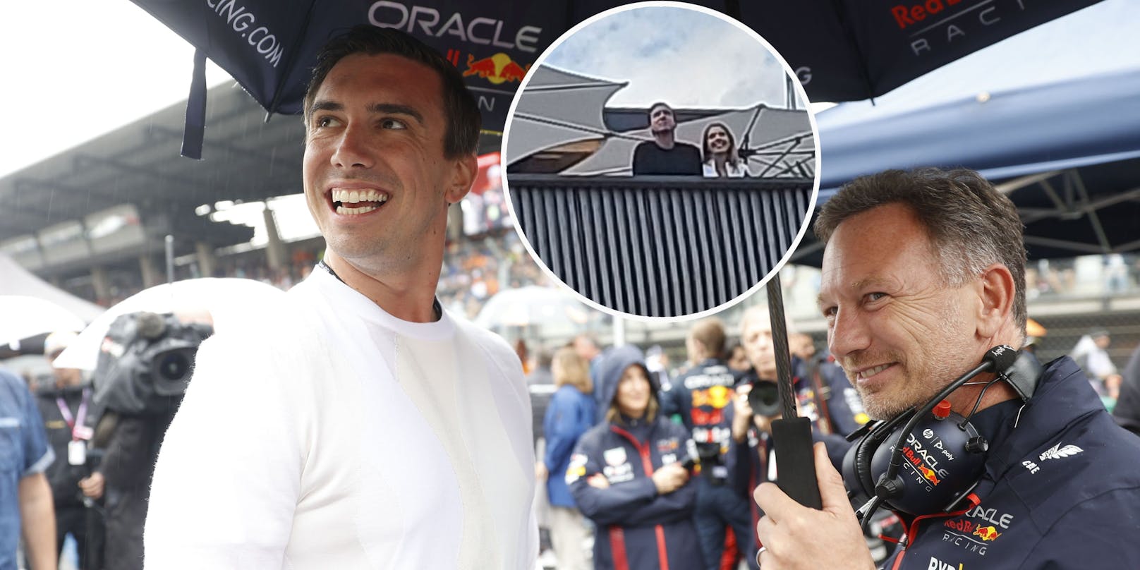 Mark Mateschitz mit Christian Horner, Teamchef von Red Bull Racing. Im Motorhome genießt er Spielberg mit Victoria Swarovski (o.).