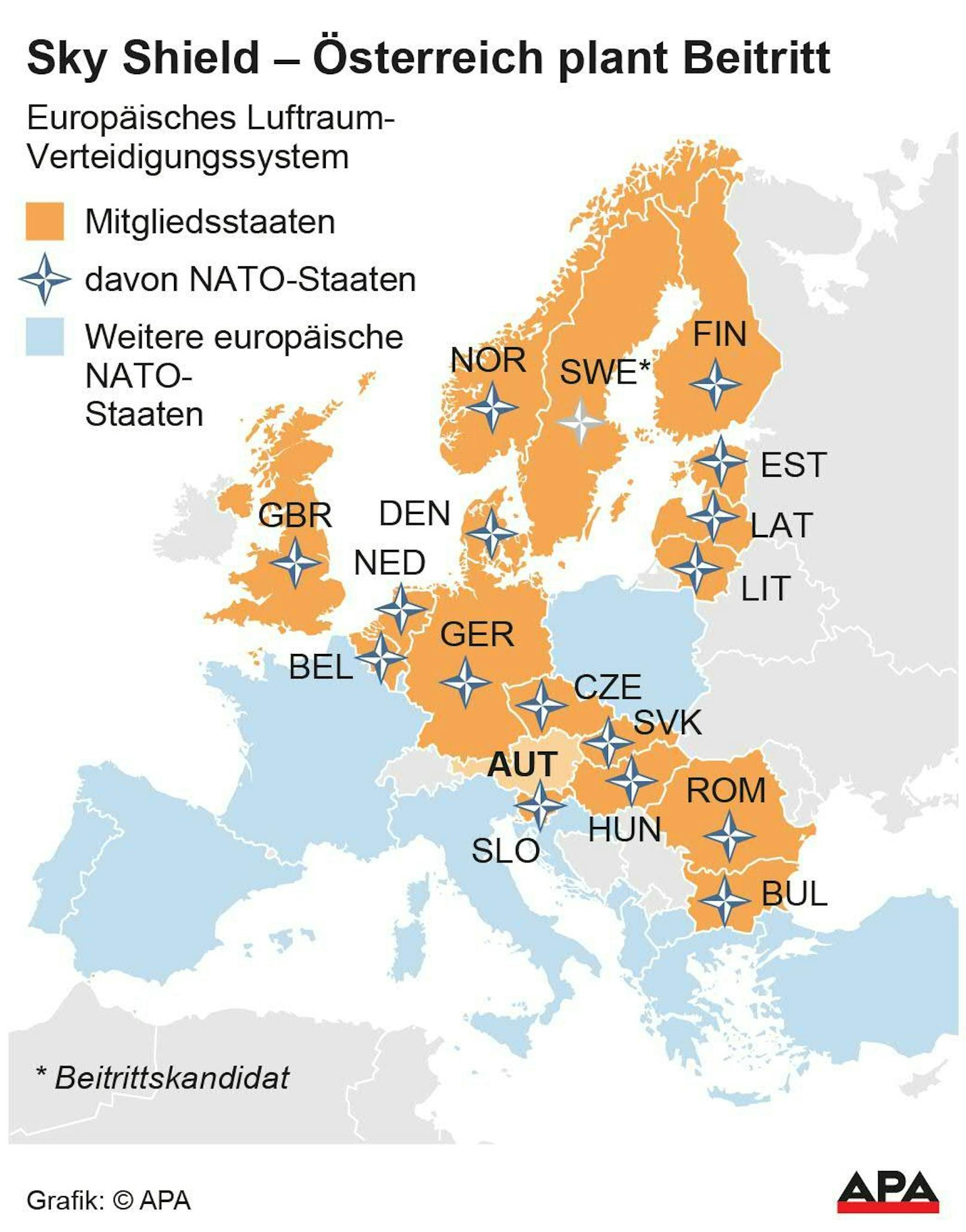 Europakarte mit Mitgliedsstaaten von Sky Shield sowie NATO-Länder