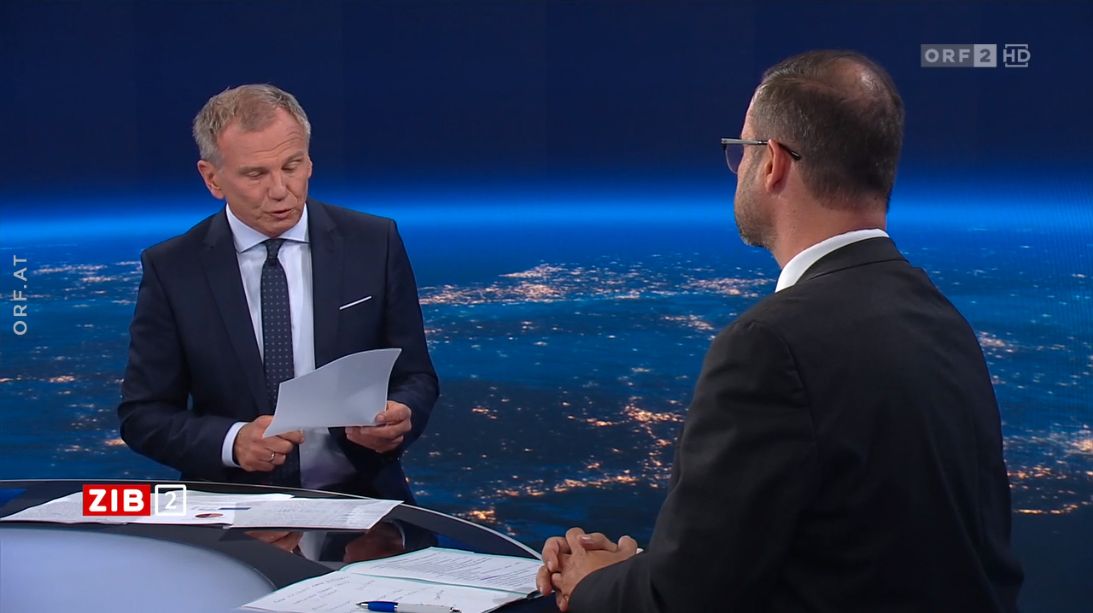 FPÖ-Generalsekretär Christian Hafenecker in der ZIB2 mit Armin Wolf am 4. Juli 2023.