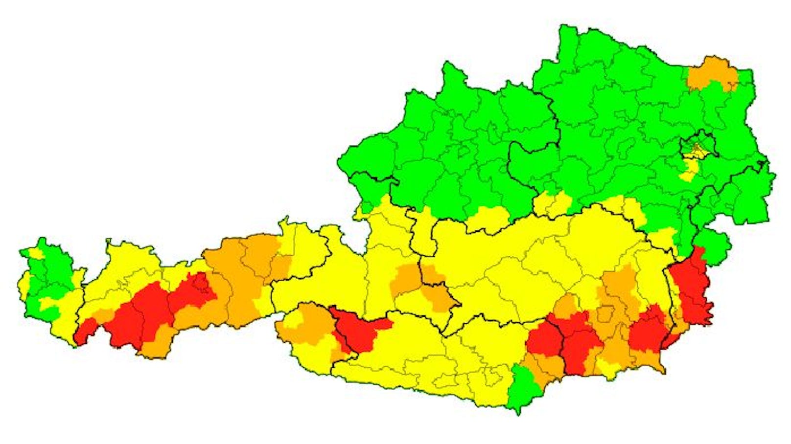 Die aktuellen Unwetterwarnungen (rot), Gewitter-Warnungen (orange) und Vorwarnungen (gelb) für Österreich.