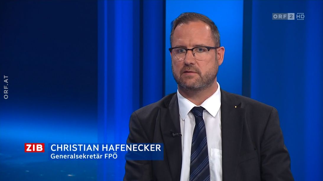 FPÖ-Generalsekretär Christian Hafenecker in der ZIB2 mit Armin Wolf am 4. Juli 2023.