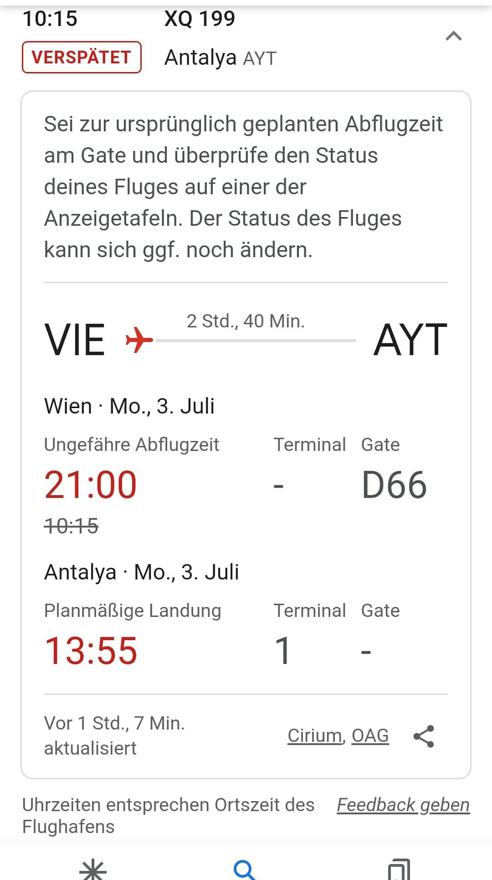 Die Info für den Abflug wurde nicht aktualisiert.