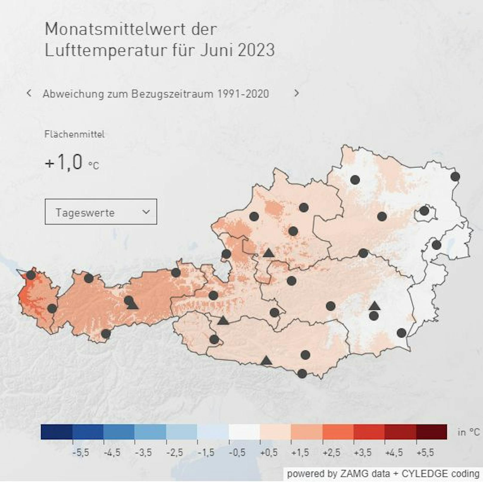 Der Juni 2023 in Österreich war um 1 °C wärmer als das Klimamittel 1991-2020.