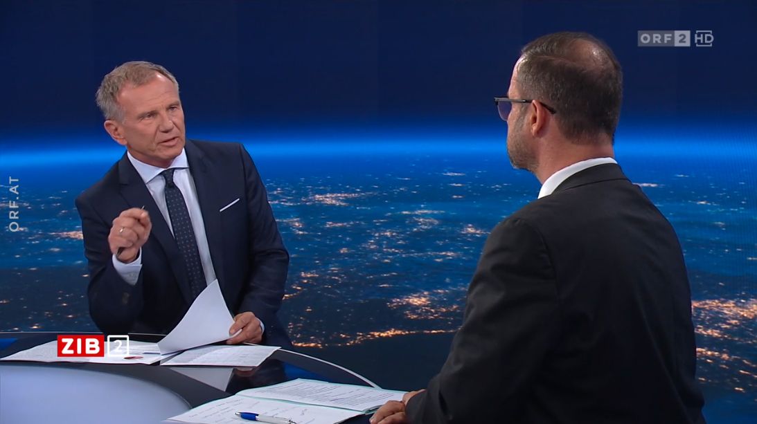 FPÖ-Generalsekretär Christian Hafenecker in der ZIB2 mit Armin Wolf am 4. Juli 2023.