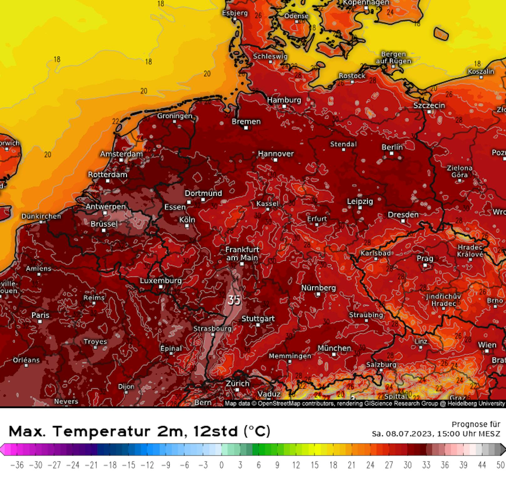 Temperaturprognose für Deutschland, Samstag um 15 Uhr. <a target="_blank" data-li-document-ref="100280200" href="https://www.heute.at/g/wetter-experten-reicht-es-mit-klima-leugnern-100280200">Das viele Rot entzündete die Gemüter &gt;&gt;</a>