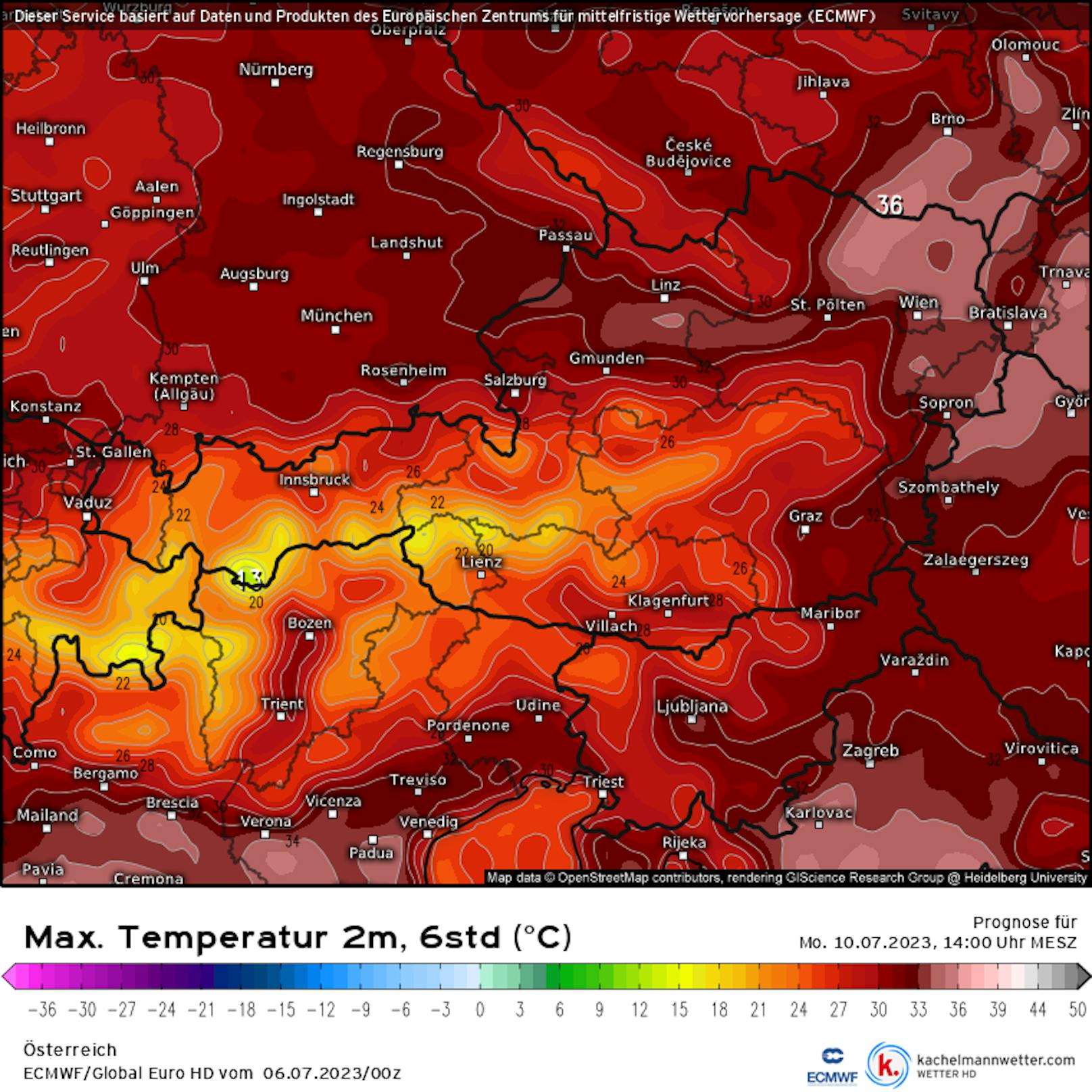 Die errechneten Temperaturen in Österreich am Montag, 10.7., um 14 Uhr.