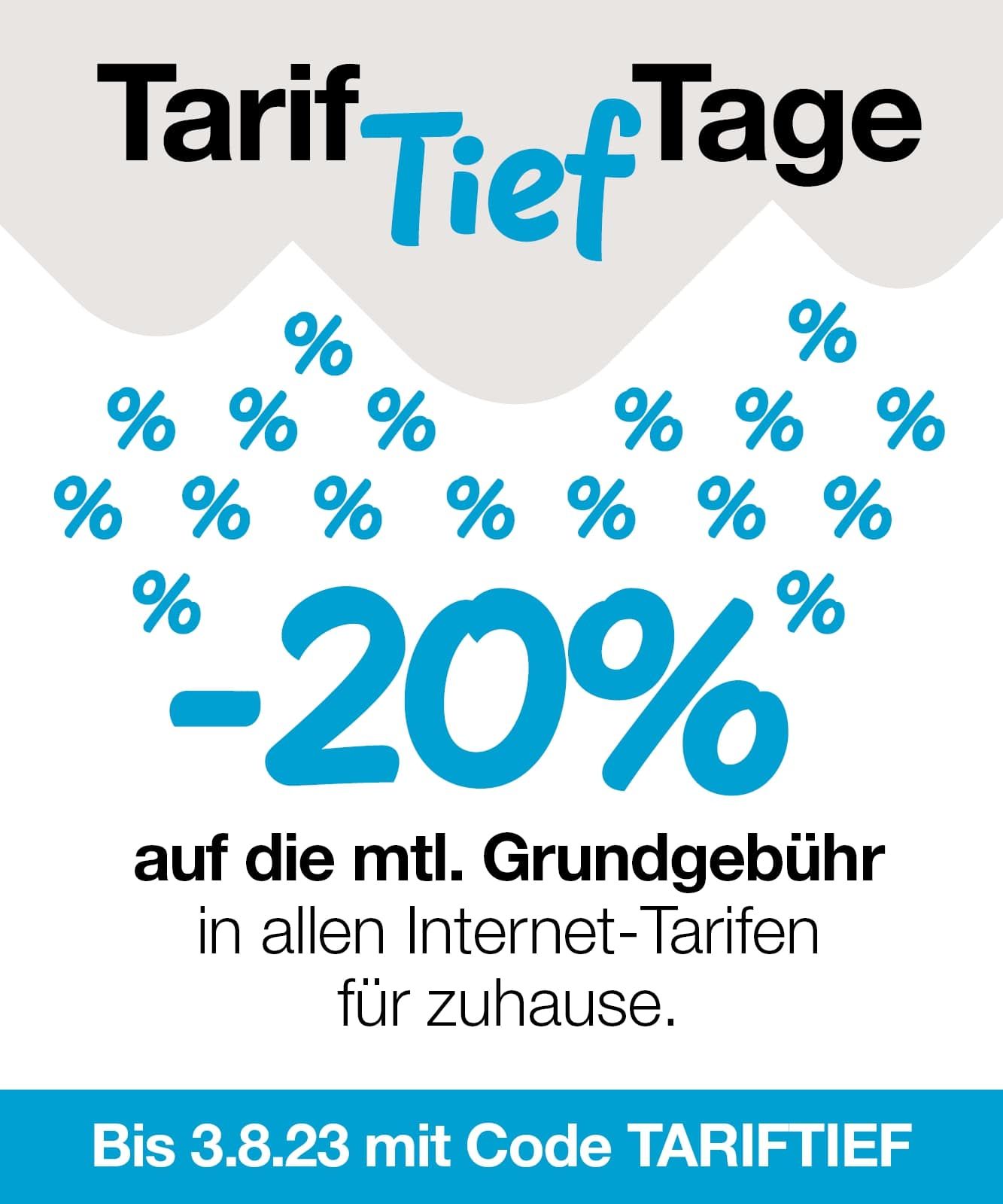Tariftief-Tage bei Drei: Minus 20% auf monatliche Grundgebühr für Internet-Neukunden.