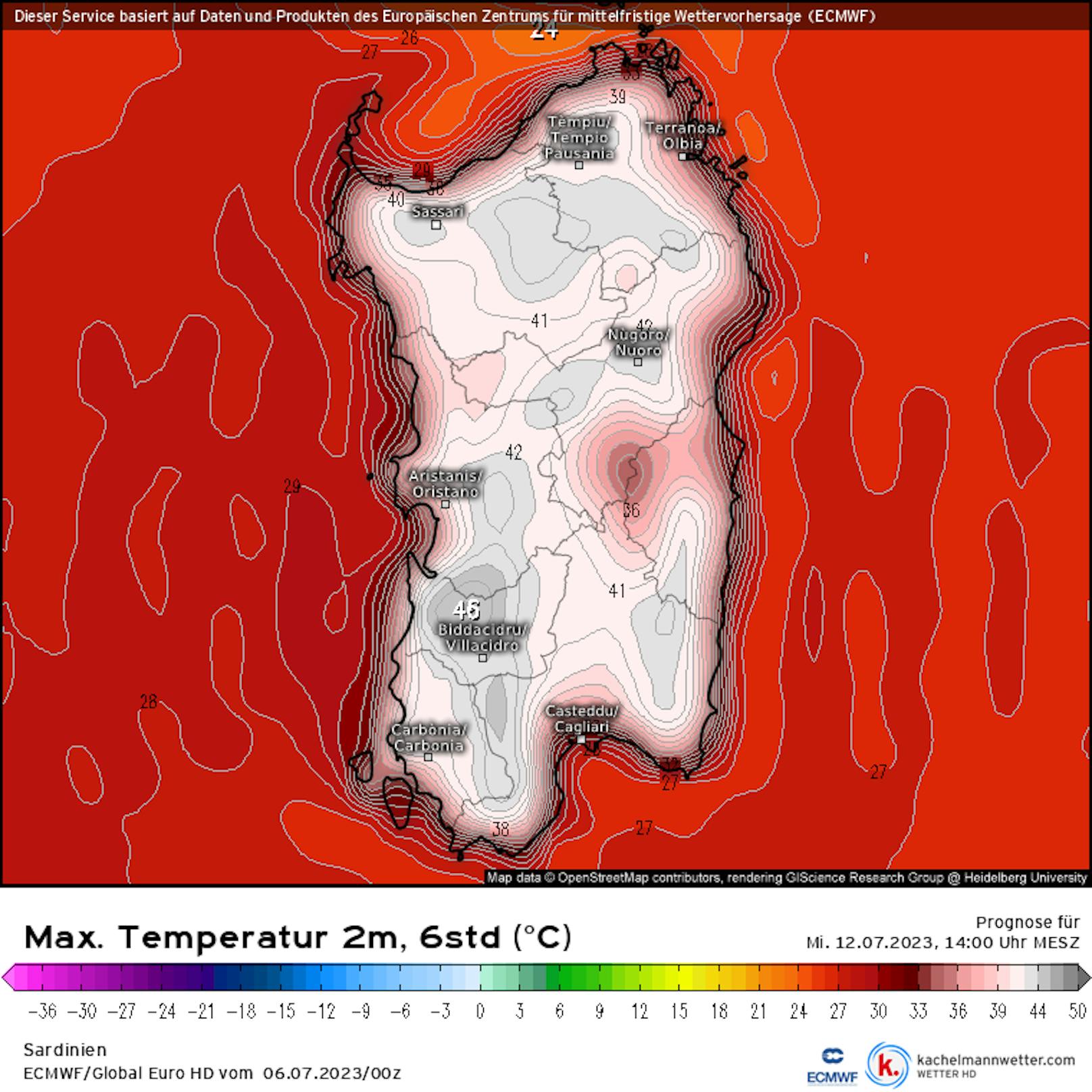 Noch extremer soll es nach derzeitiger Modellrechnung am Mittwoch, 12.7., auf Sardinien werden. Bis zu 46 Grad sind angesagt.