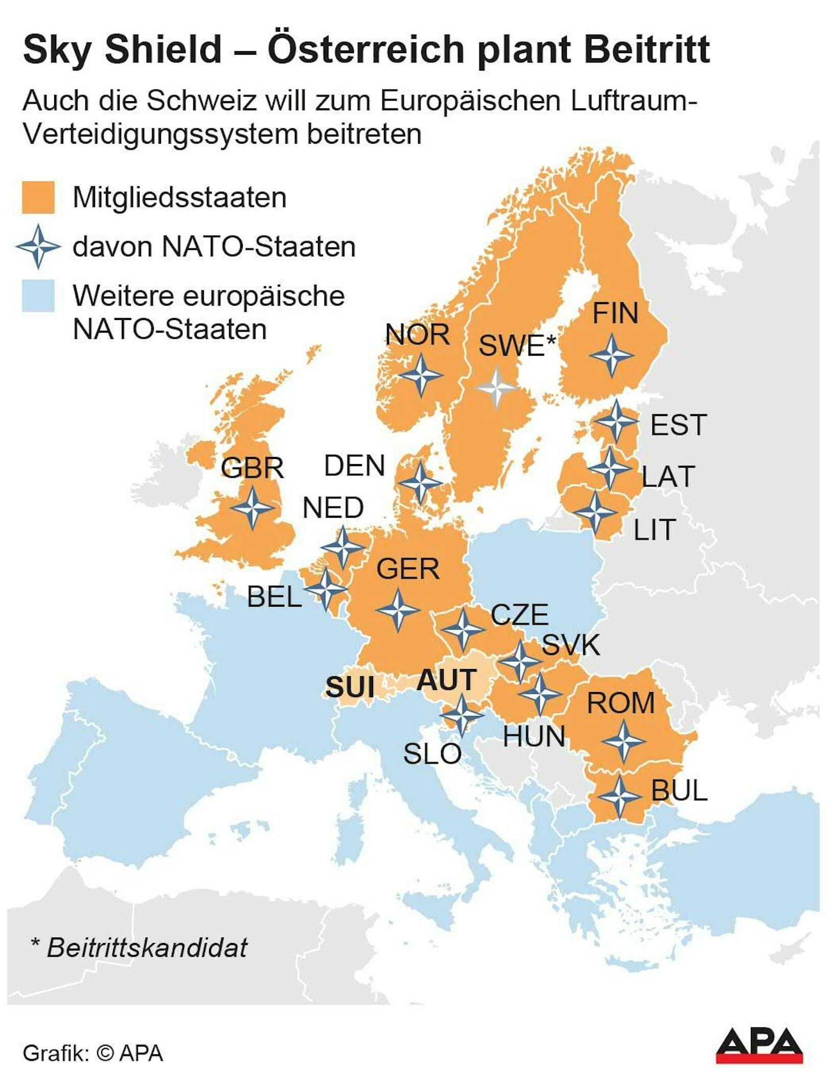 Zahlreiche Länder (orange) wollen sich an Sky Shield beteiligen. Die meisten sind auch NATO-Mitglieder.