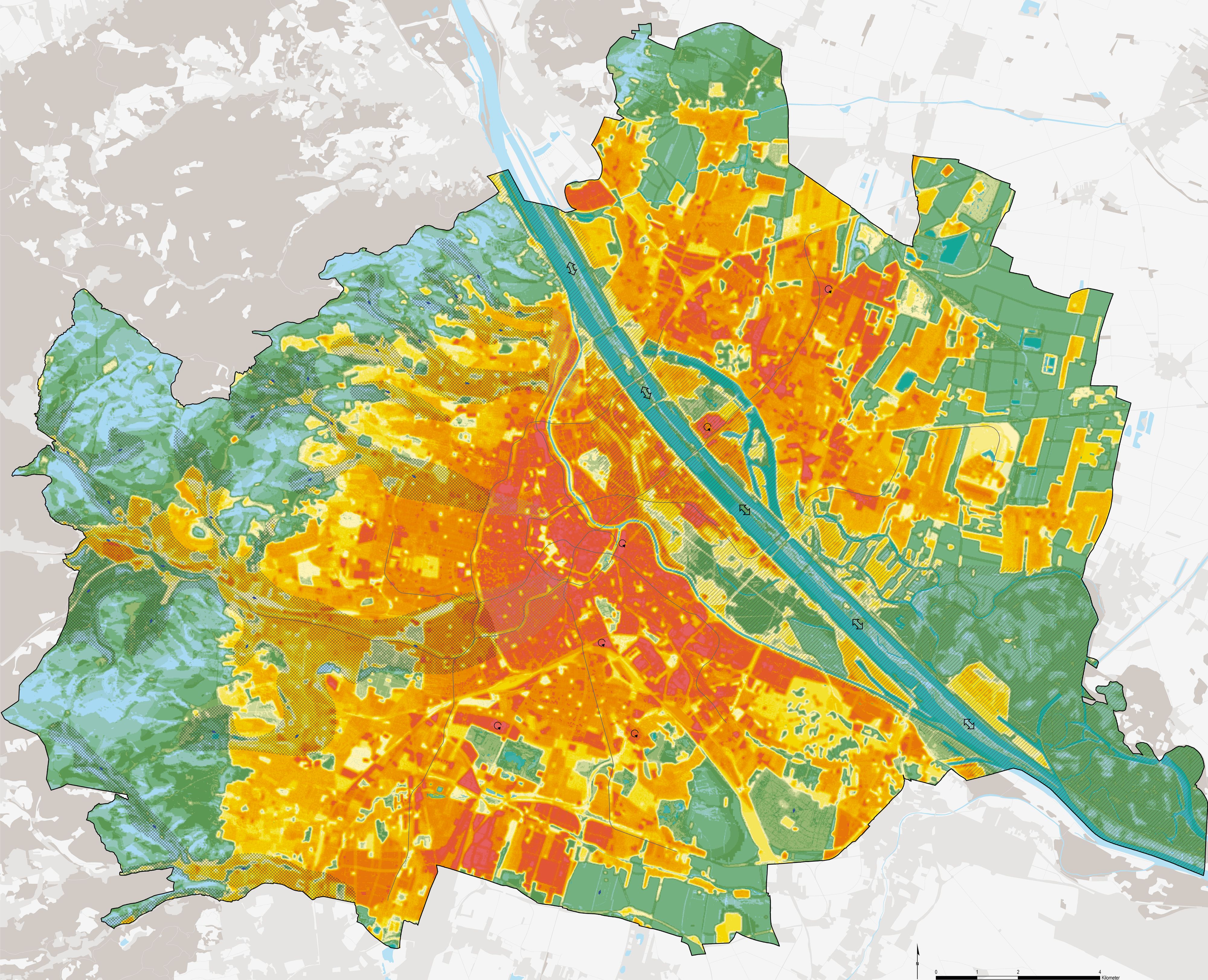 Die Stadtklimaanalyse Wien 2020 zeigt, wo die Hitzebelastung am stärksten ist.