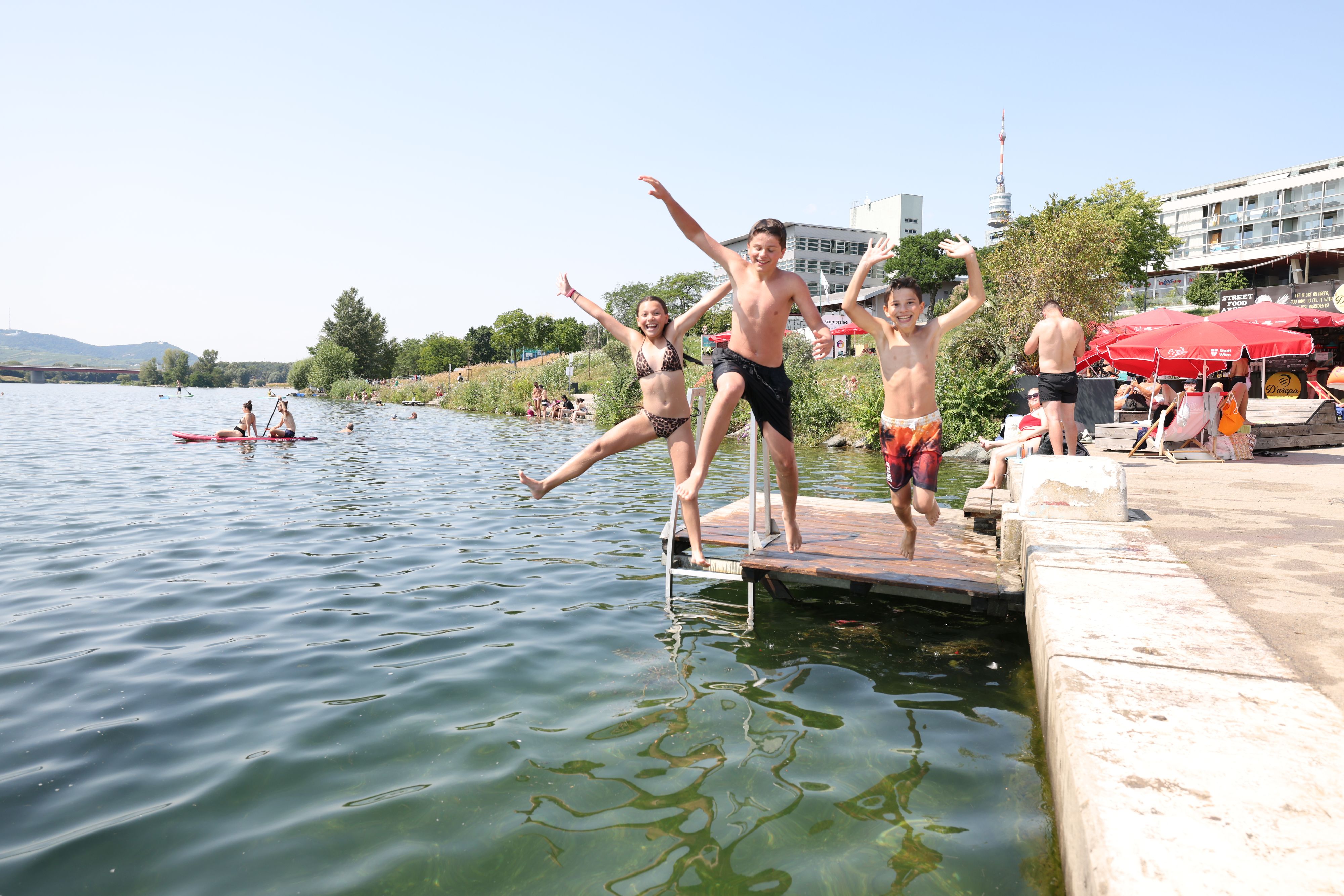 Ab in die Fluten! Bei 33 Grad und Sonnenschein pur verschafften sich viele Wiener Abkühlung in der Neuen Donau.