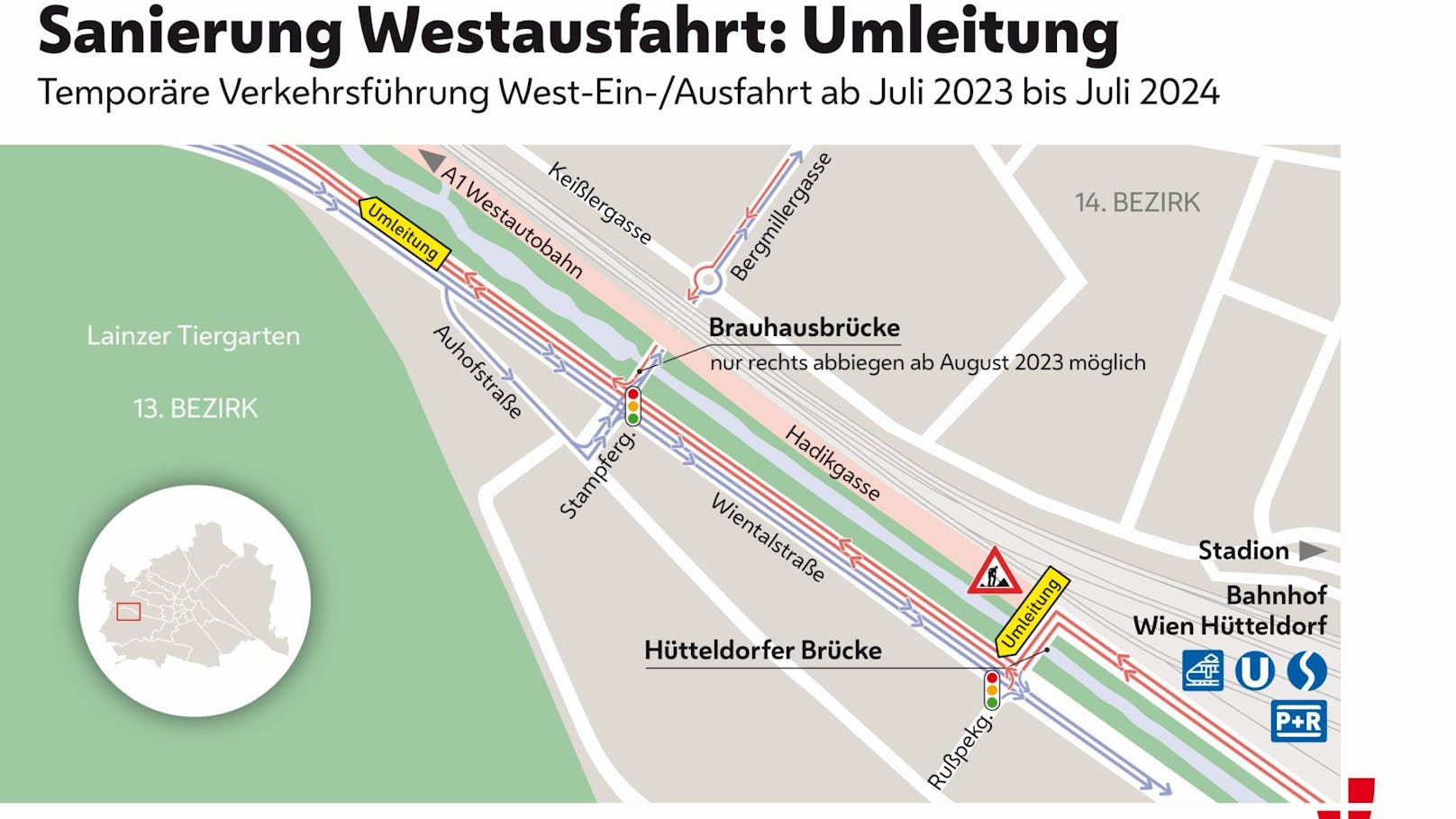 Umleitungen während der Sanierung der Wiener Westausfahrt.