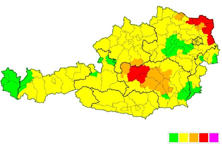 Die aktuelle Wetter-Warnkarte für Österreich laut der Österreichischen Unwetterzentrale. 