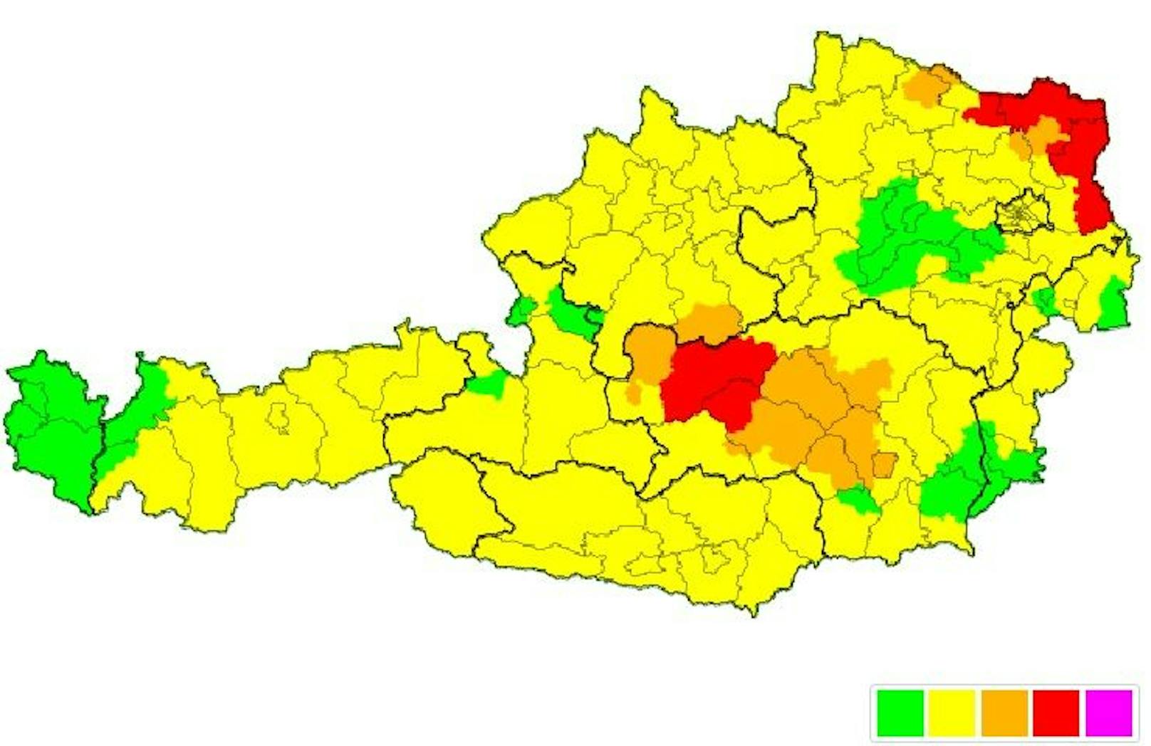 Die aktuelle Wetter-Warnkarte für Österreich laut der Österreichischen Unwetterzentrale.