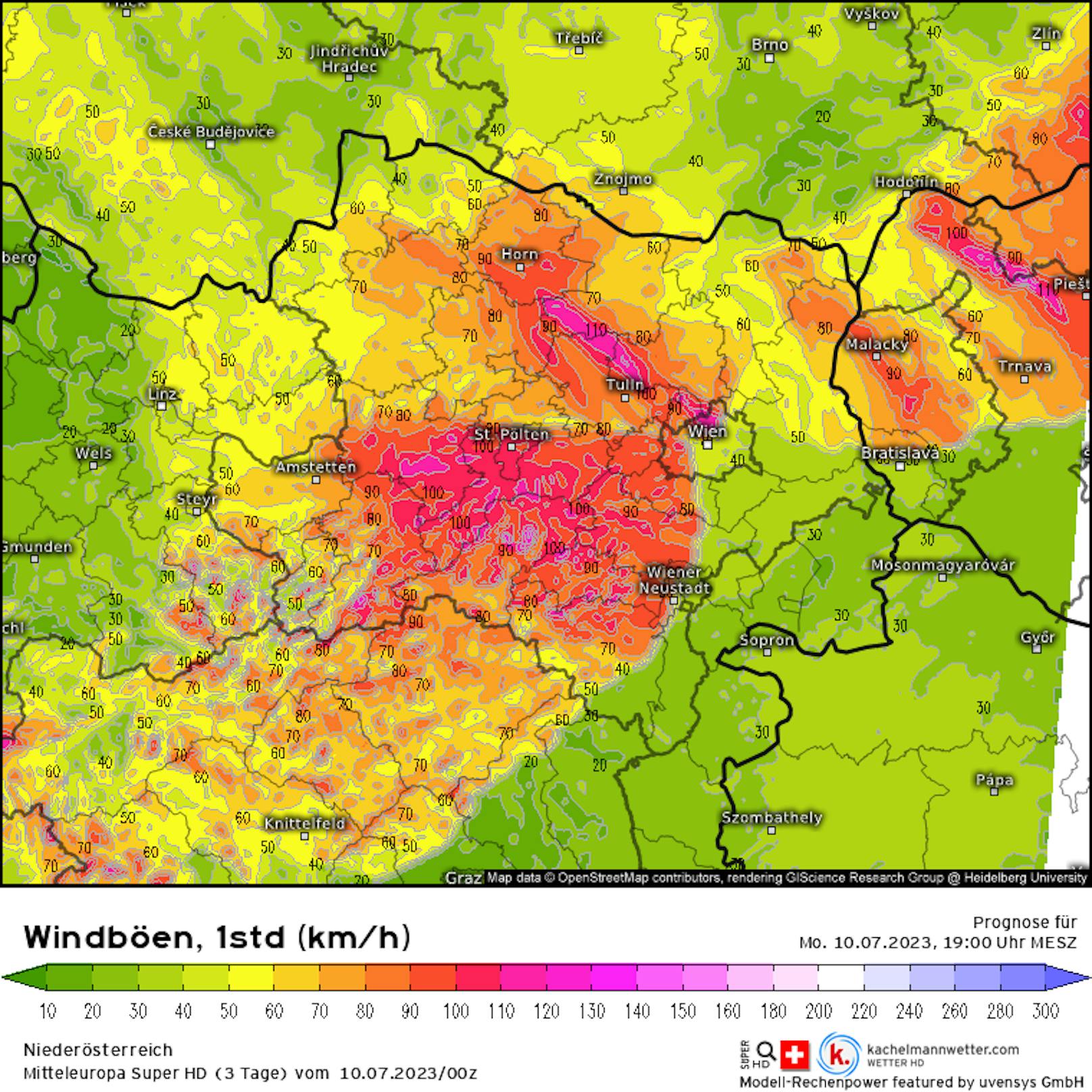 Mögliche Windböen-Stärken am Montag, 10. Juli, 19 Uhr in Niederösterreich und Wien.