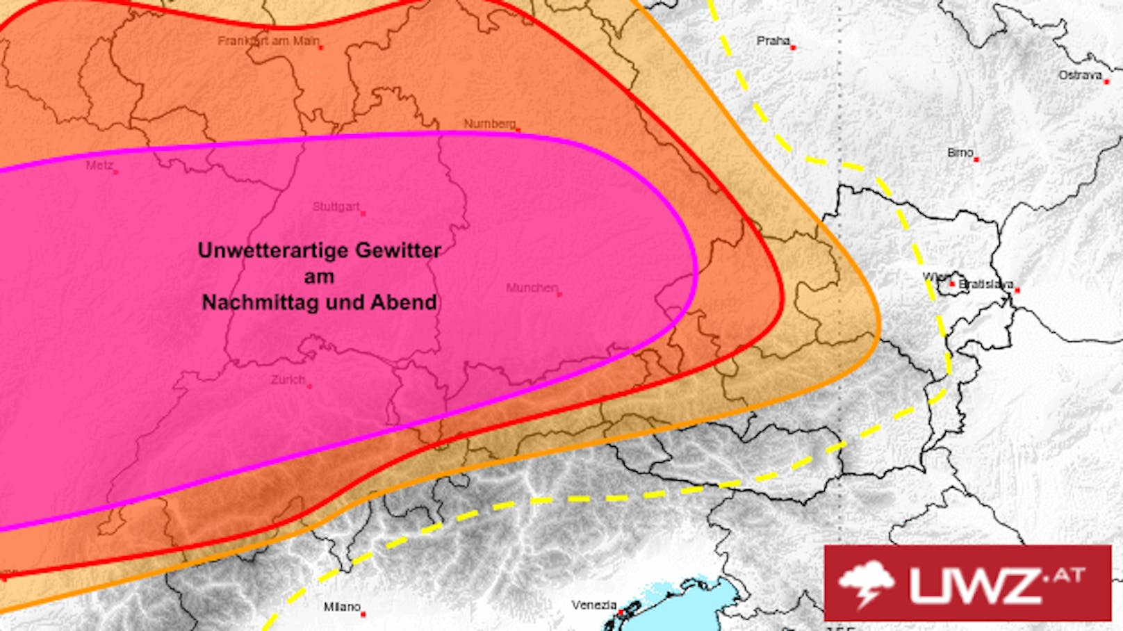 Schon am Montag warnte die UWZ mit dieser Grafik vor schweren Unwettern am heutigen Dienstag.&nbsp;