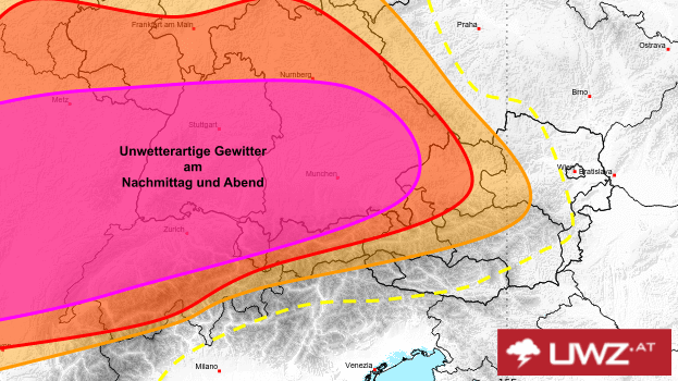 Schon am Montag warnte die UWZ mit dieser Grafik vor schweren Unwettern am heutigen Dienstag.&nbsp;
