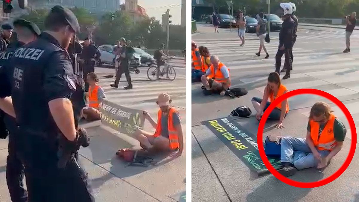 Kuriose Szenen am Schwedenplatz: Aktivisten der Letzten Generation klebten sich erst vor der Polizei fest, wurden nicht daran gehindert.