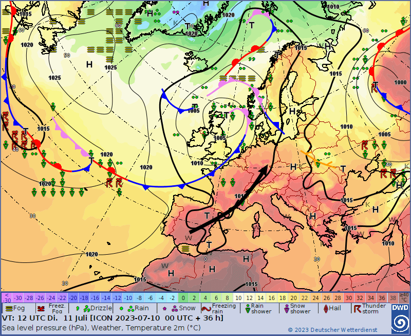 Großwetterlage am Dienstag, 11. Juli 2023.