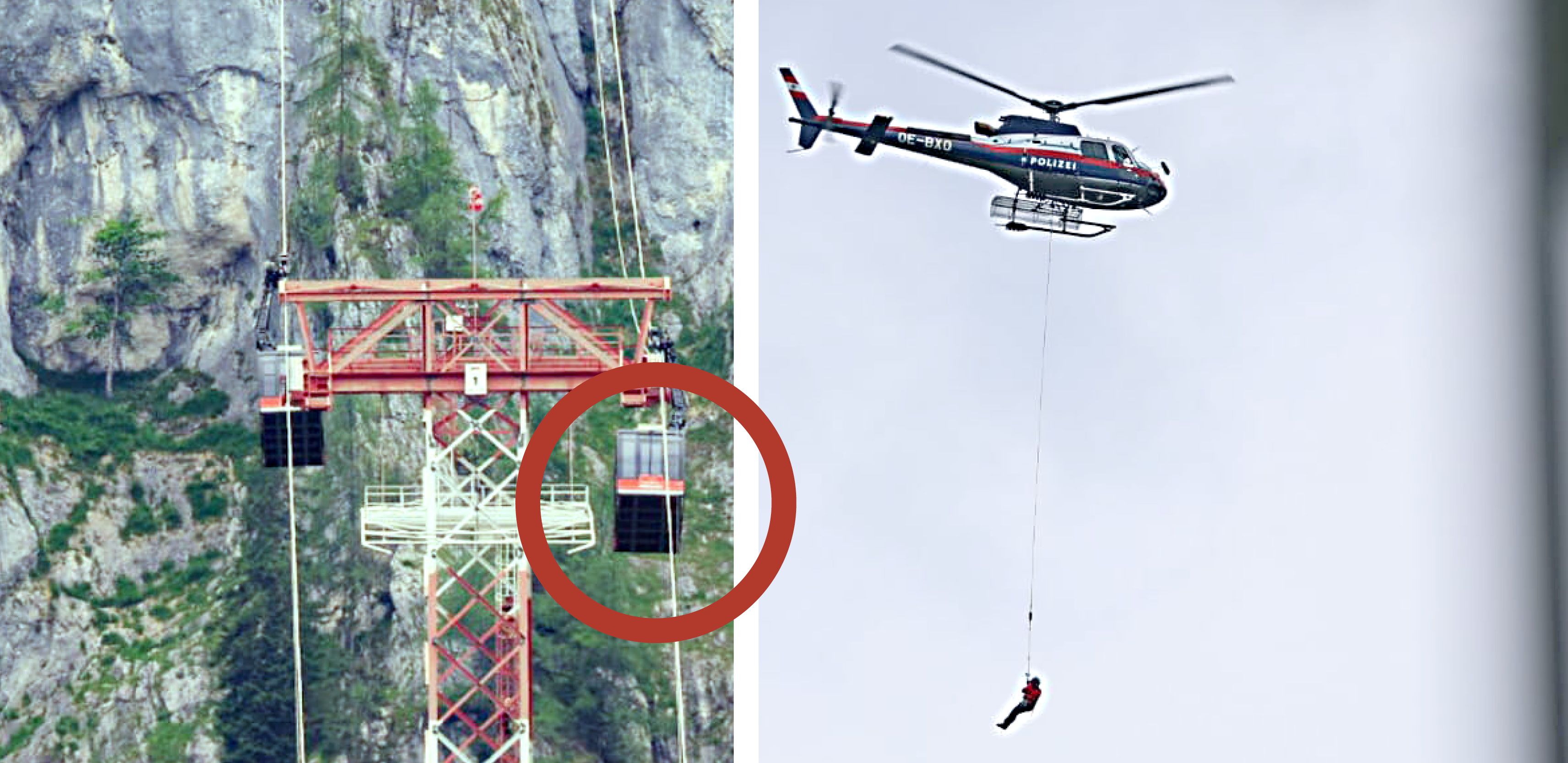 Aus dieser Gondel wurden die Seilbahn-Mitarbeiter per Helikopter gerettet.