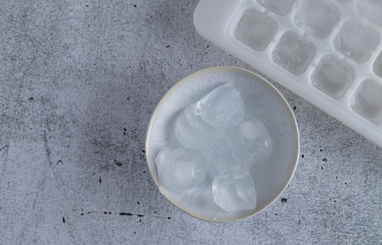 top view of a bowl with ice cubes and the form to make ice cubes in a freezer