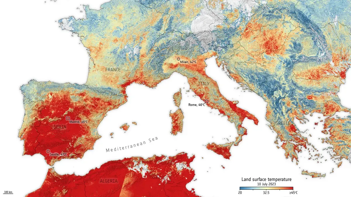 Die Satellitenkarte zeigt, wo die höchsten Oberflächentemperaturen erwartet werden.