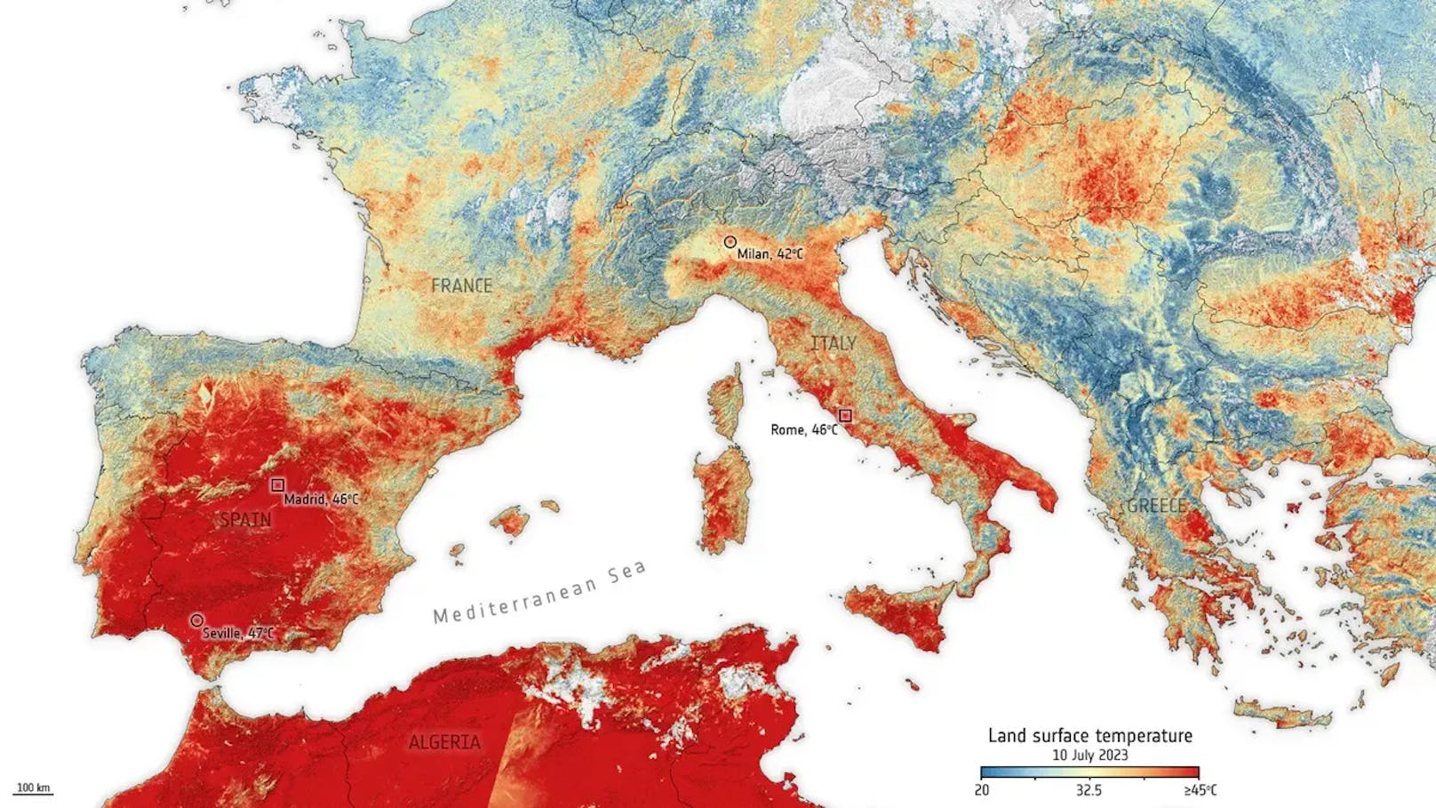 Die Satellitenkarte zeigt, wo die höchsten Oberflächentemperaturen erwartet werden.