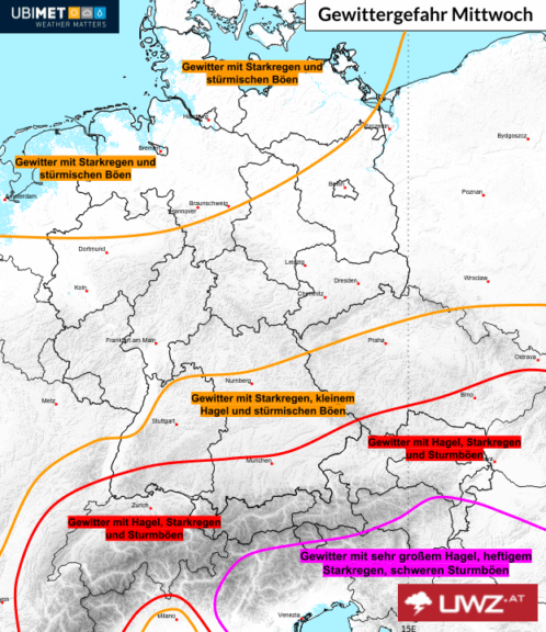 Die Gewittergefahr am Mittwoch.