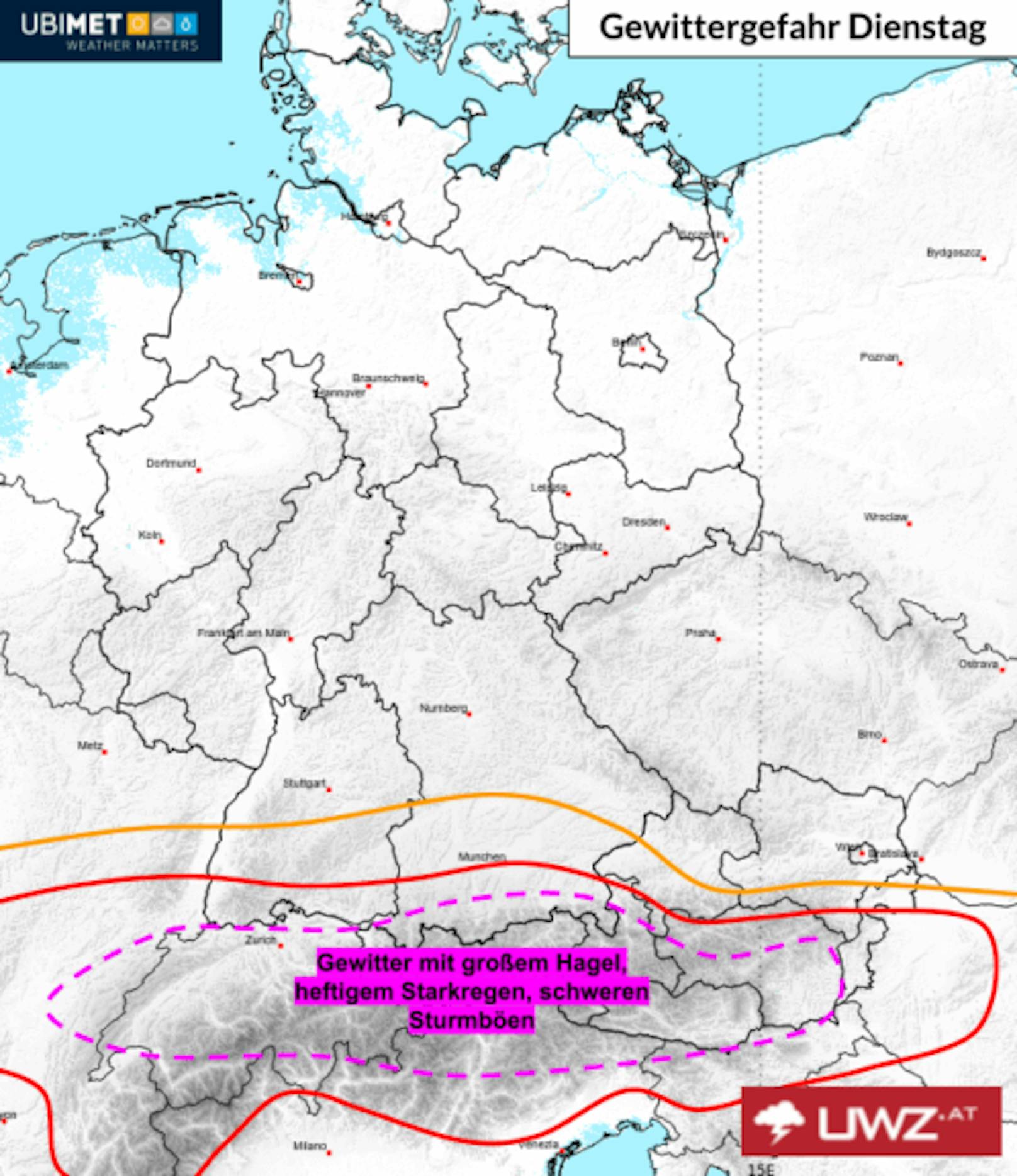 Die Gewittergefahr am Dienstag.