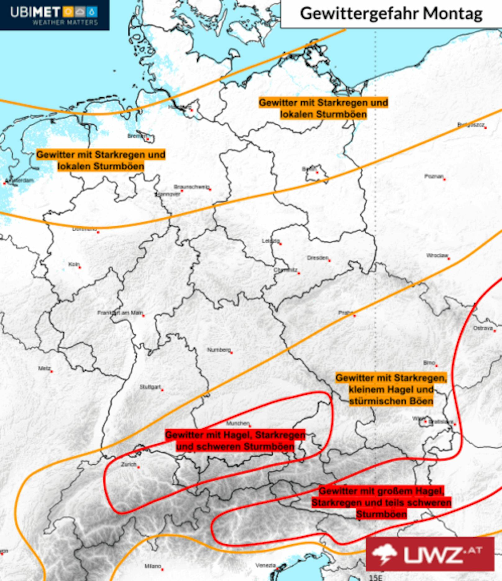 Die Gewittergefahr am Montag.