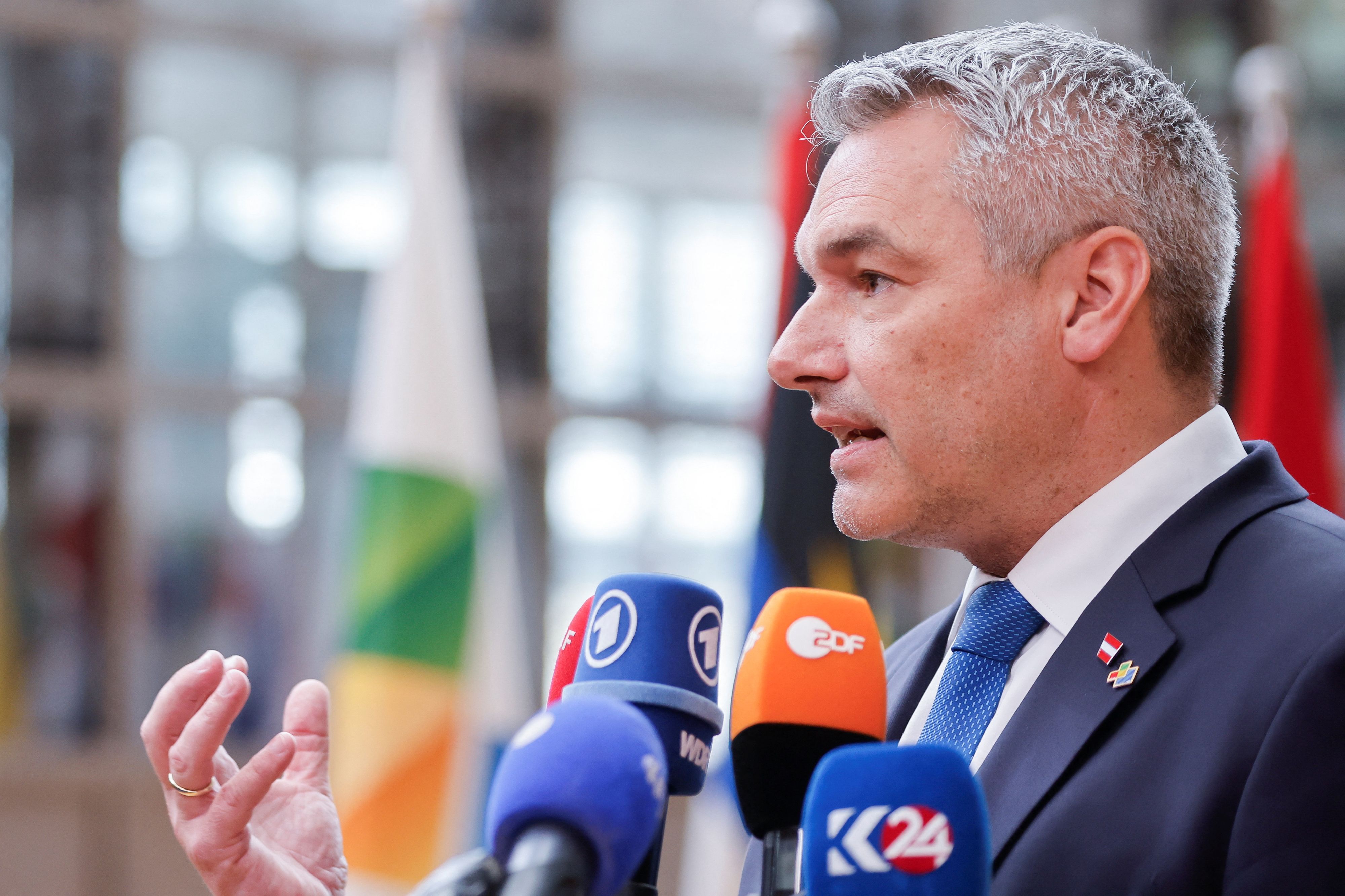 Austrian Chancellor Karl Nehammer addresses media on the day of the summit between the leaders of the European Union (EU) and Community of Latin American and Caribbean States (CELAC), in Brussels, Belgium July 17, 2023. REUTERS/Johanna Geron