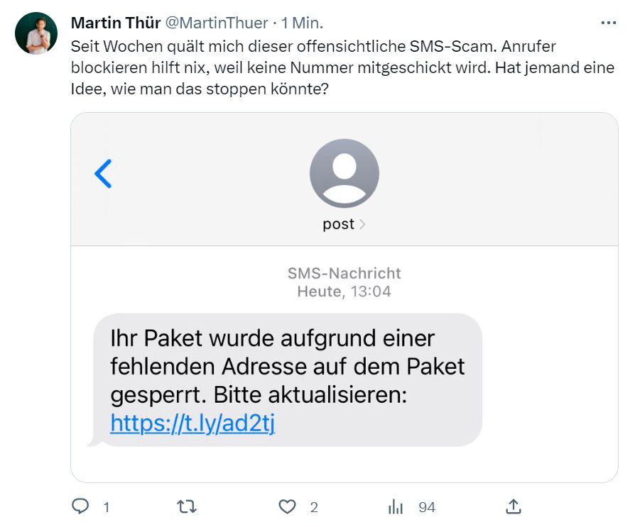 Martin Thür wird von Betrügern heimgesucht: "Seit Wochen quält mich dieser offensichtliche SMS-Scam. Anrufer blockieren hilft nix".