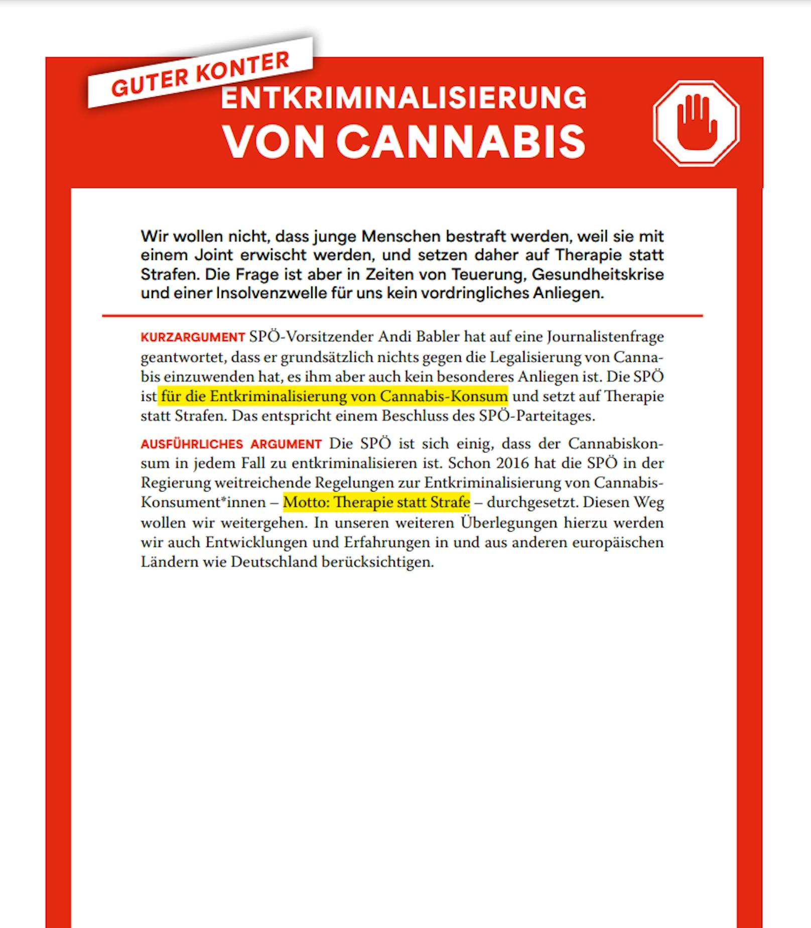 Folgende Konter werden SPÖ-Mitgliedern zum Thema Cannabis-Legalisierung vorgeschlagen.