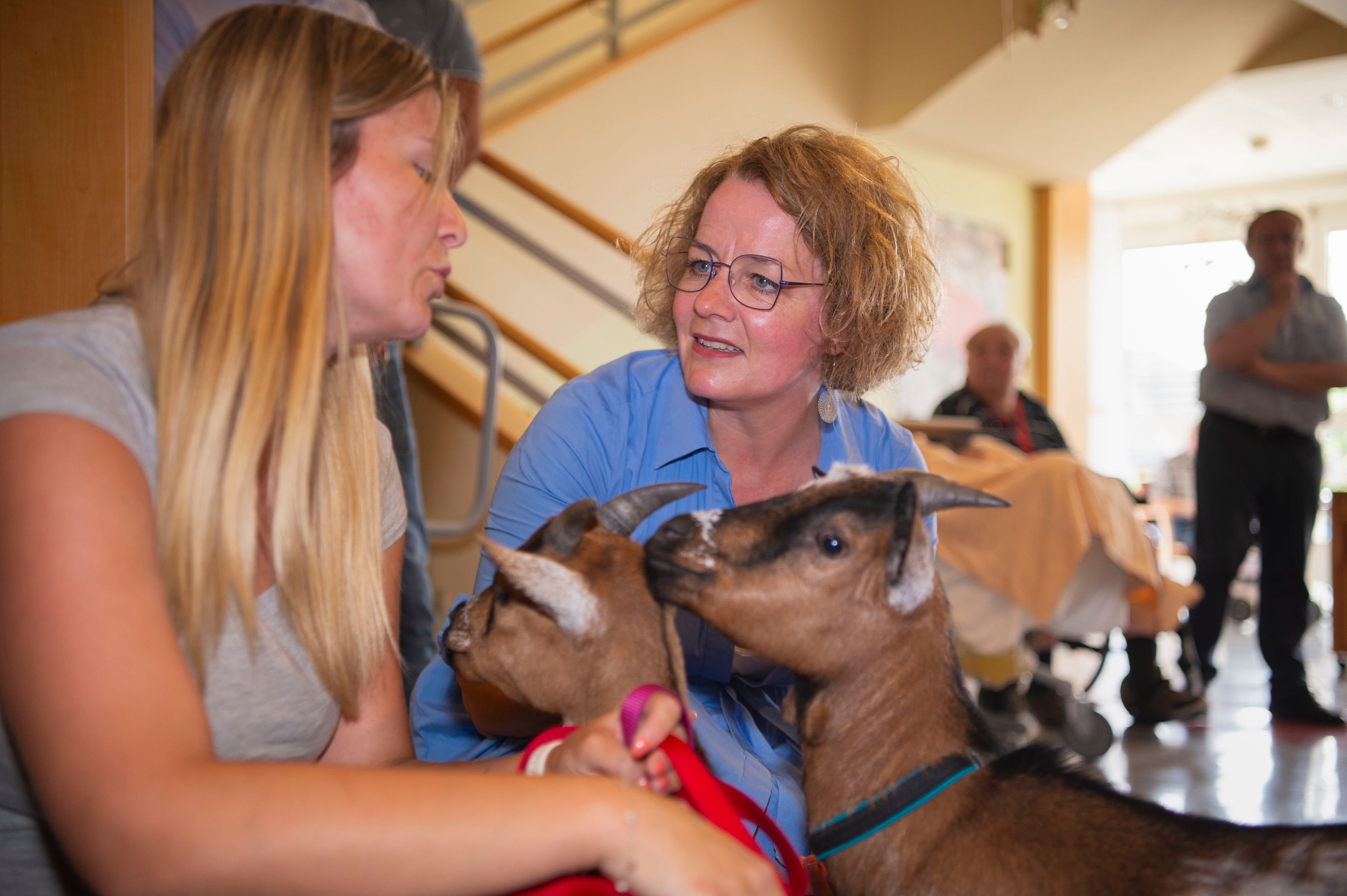 VP-Landesrätin Christiane Teschl-Hofmeister mit Tiertherapeutin Jennifer Zainzinger und ihren tierischen Therapeuten.